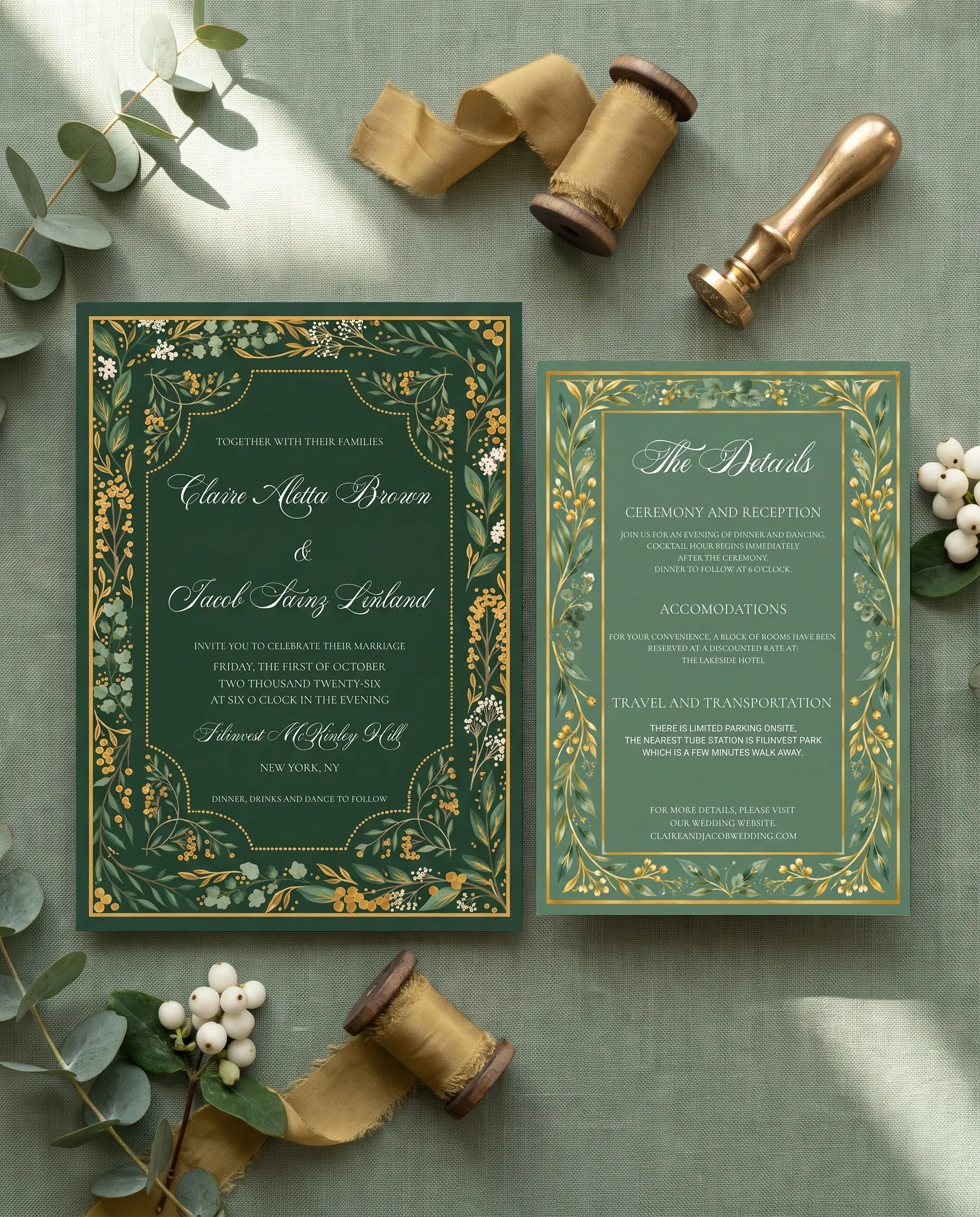 Gilded Foliage wedding invitation suite — invitation and details card arranged together in a flat lay under soft natural light, wedding details card.
