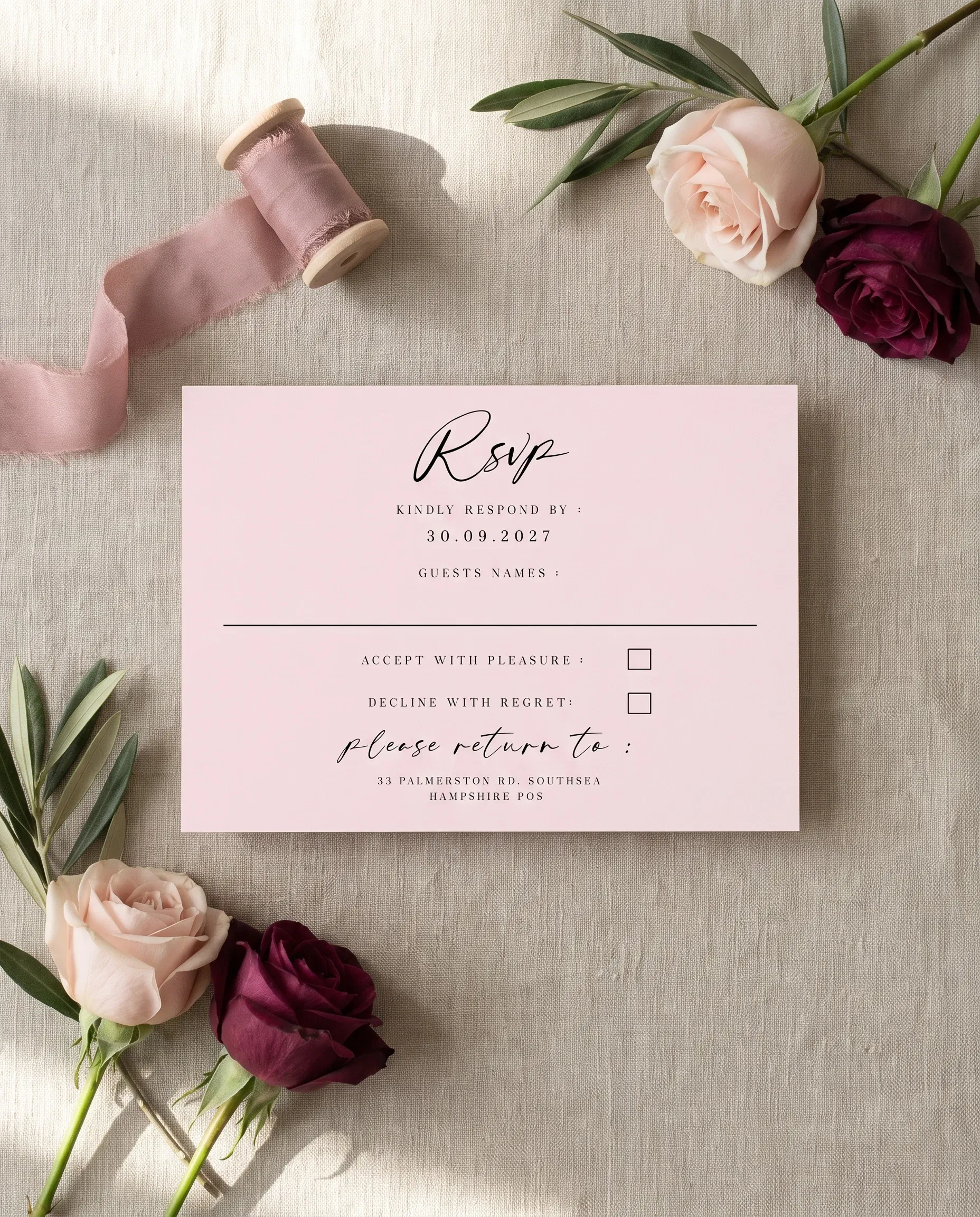 Rosevale wedding invitation suite — RSVP card shown in a flat lay under soft natural light, wedding RSVP cards.