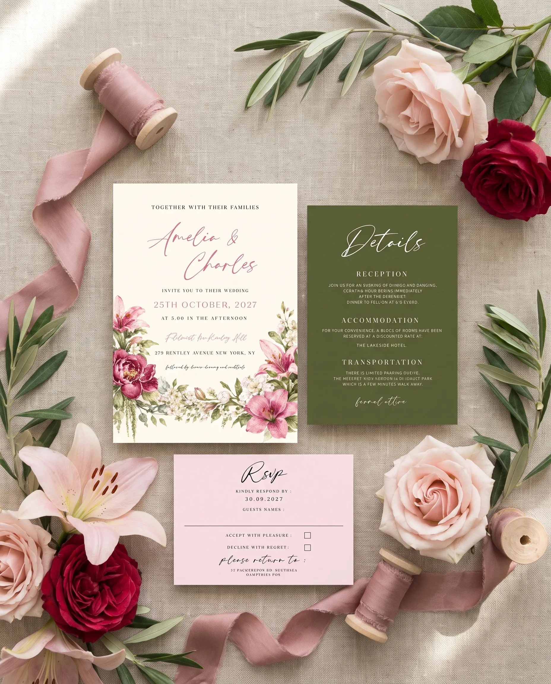 Rosevale wedding invitation suite — invitation, details card and RSVP shown in a flat lay, wedding invitation templates.