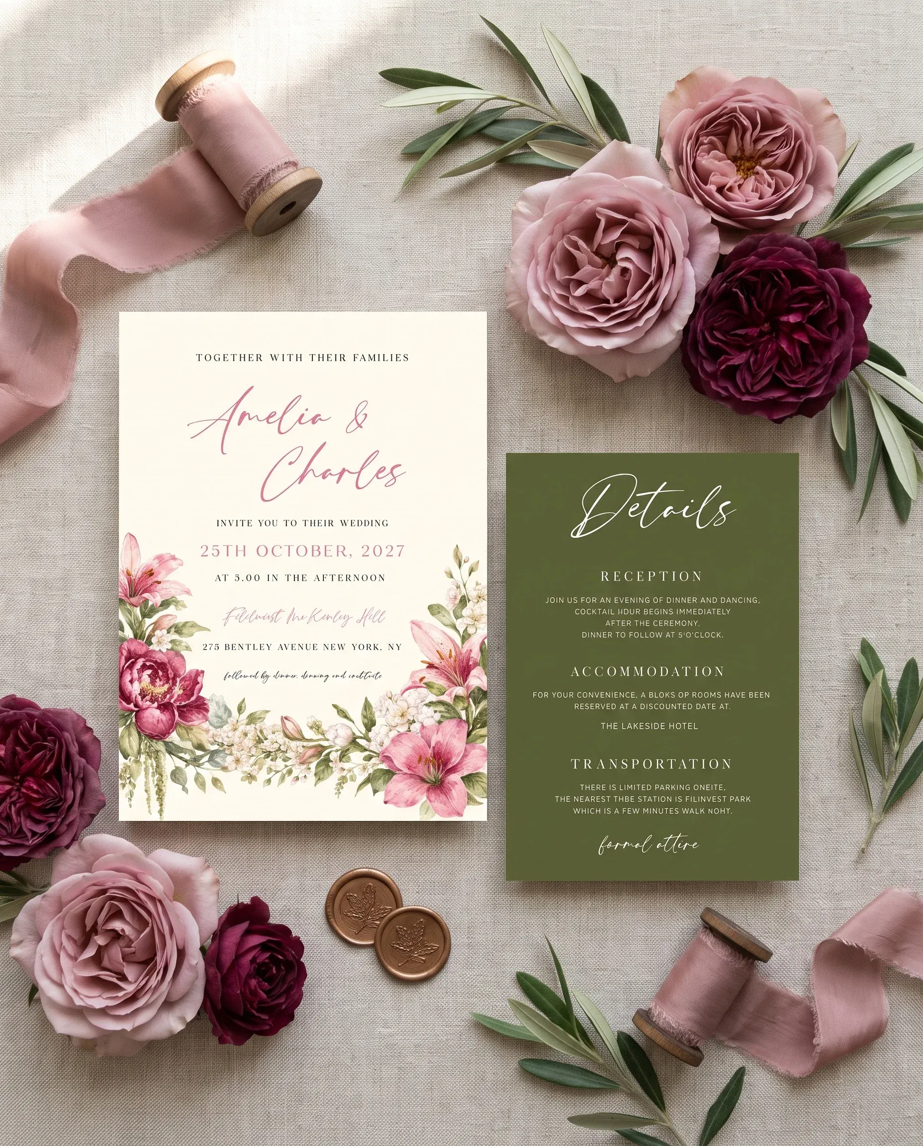 Rosevale wedding invitation suite — invitation and details card shown in a flat lay with soft natural light, wedding details card.