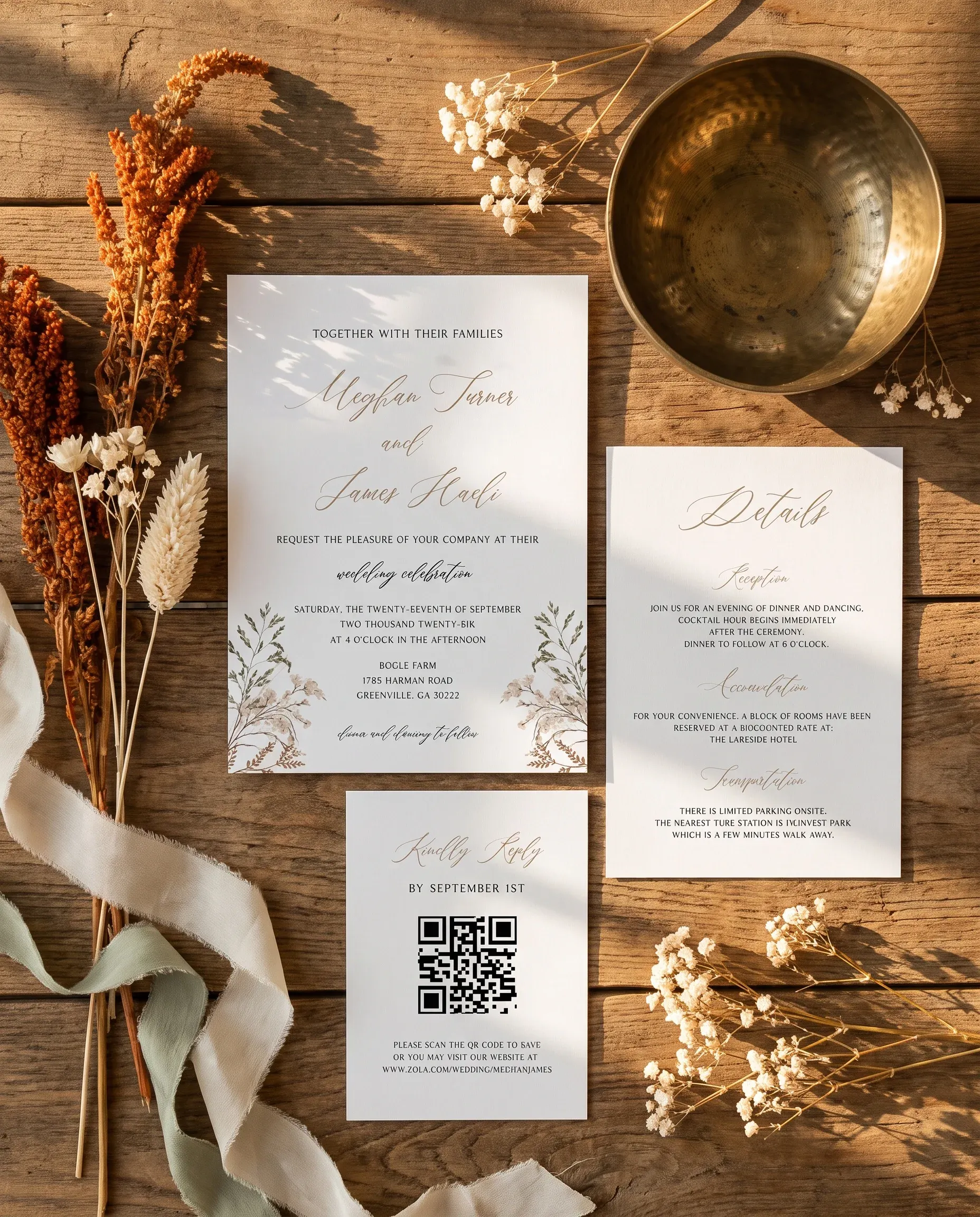 Bramble Court wedding invitation suite — invitation, details card and RSVP shown in a flat lay under soft natural light, wedding invitation templates