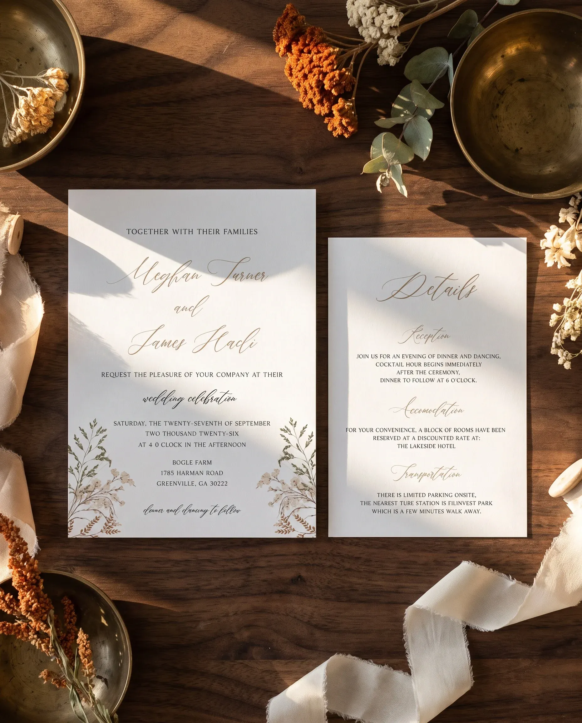 Bramble Court wedding invitation suite — invitation and details card shown in a flat lay, wedding details card