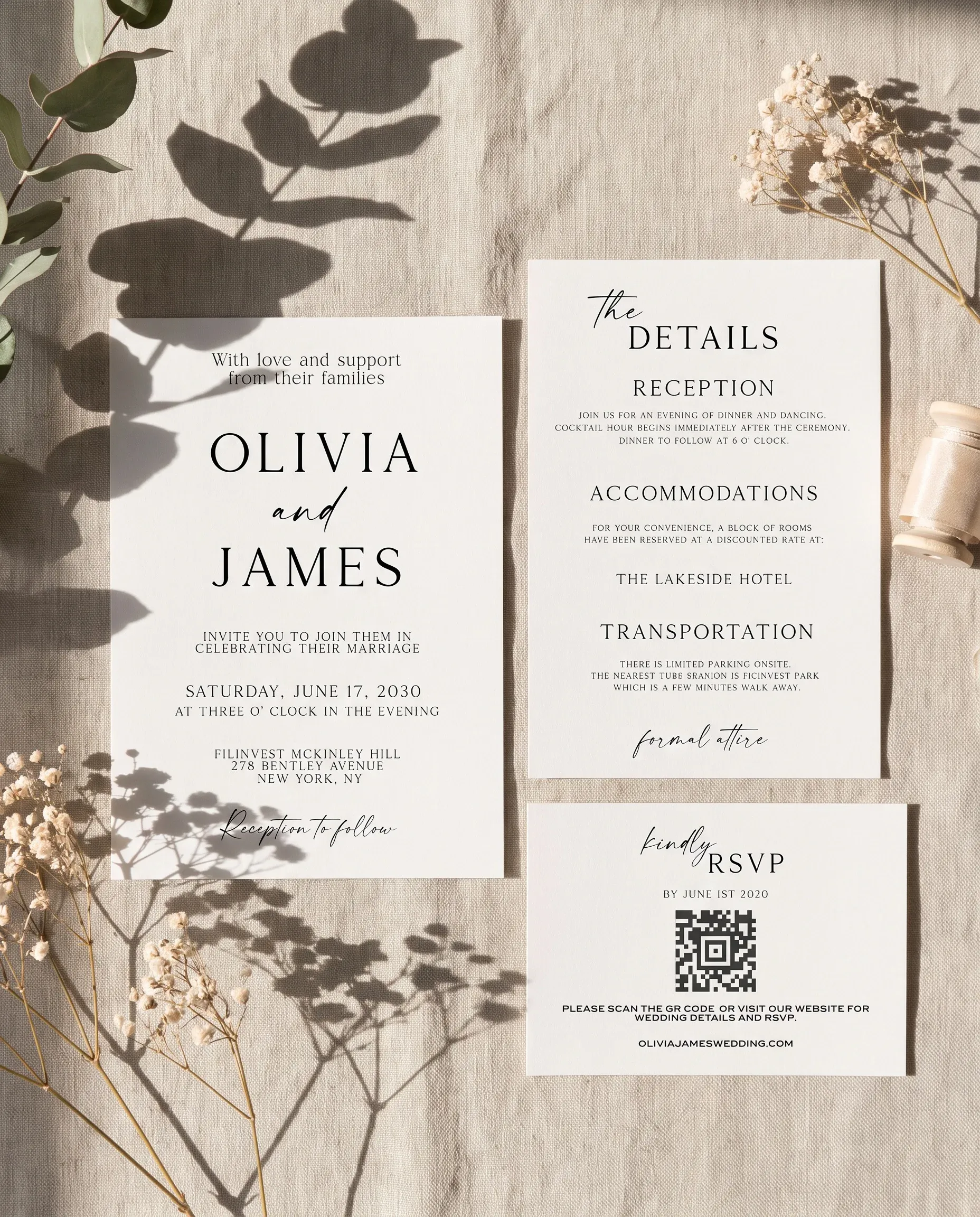 Sunlit wedding invitation suite — invitation, details card and RSVP shown in a flat lay under soft natural light, wedding invitation templates.