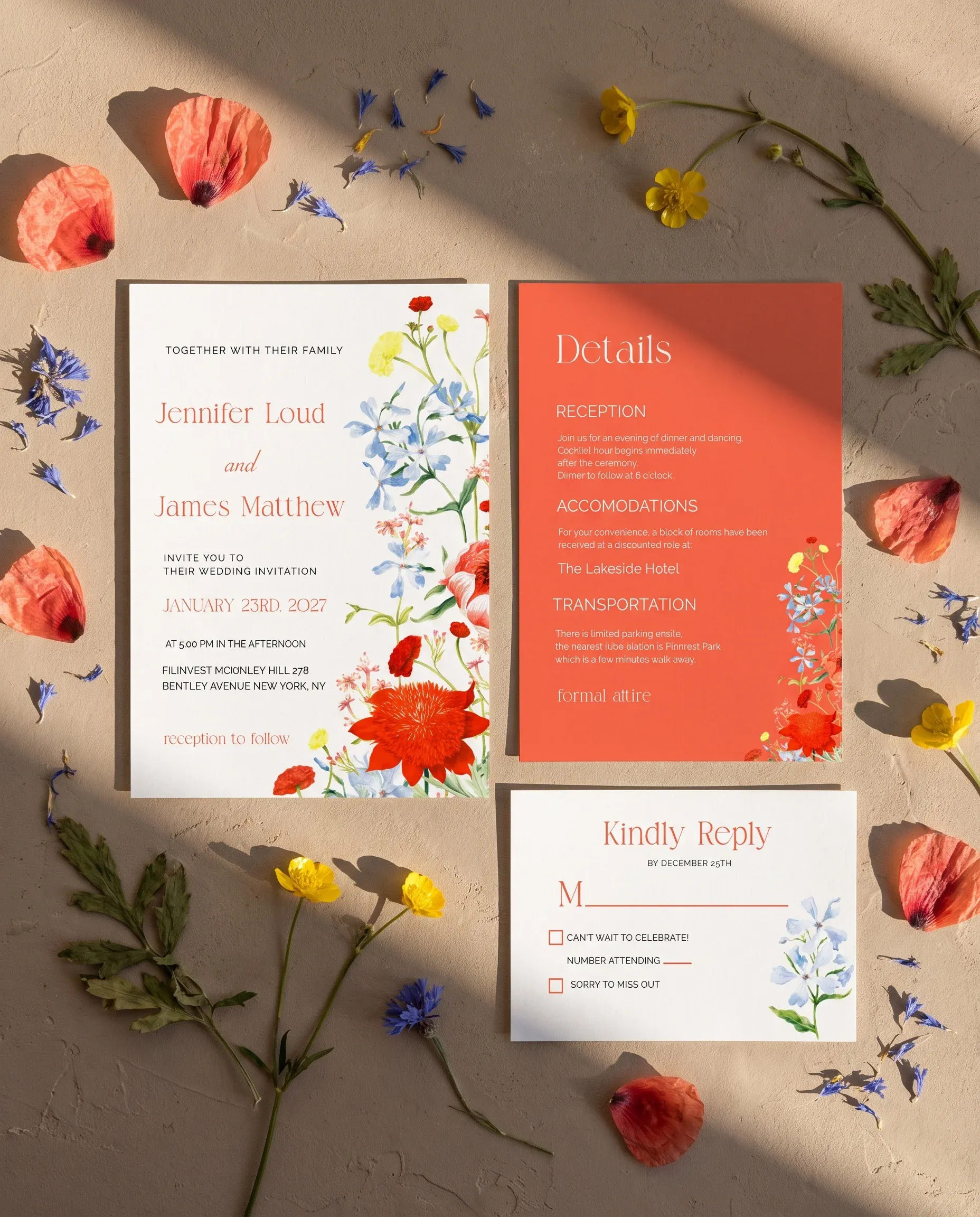 Poppy Meridian wedding invitation suite — invitation, details card and RSVP shown in a flat lay under soft overhead light, wedding invitation templates