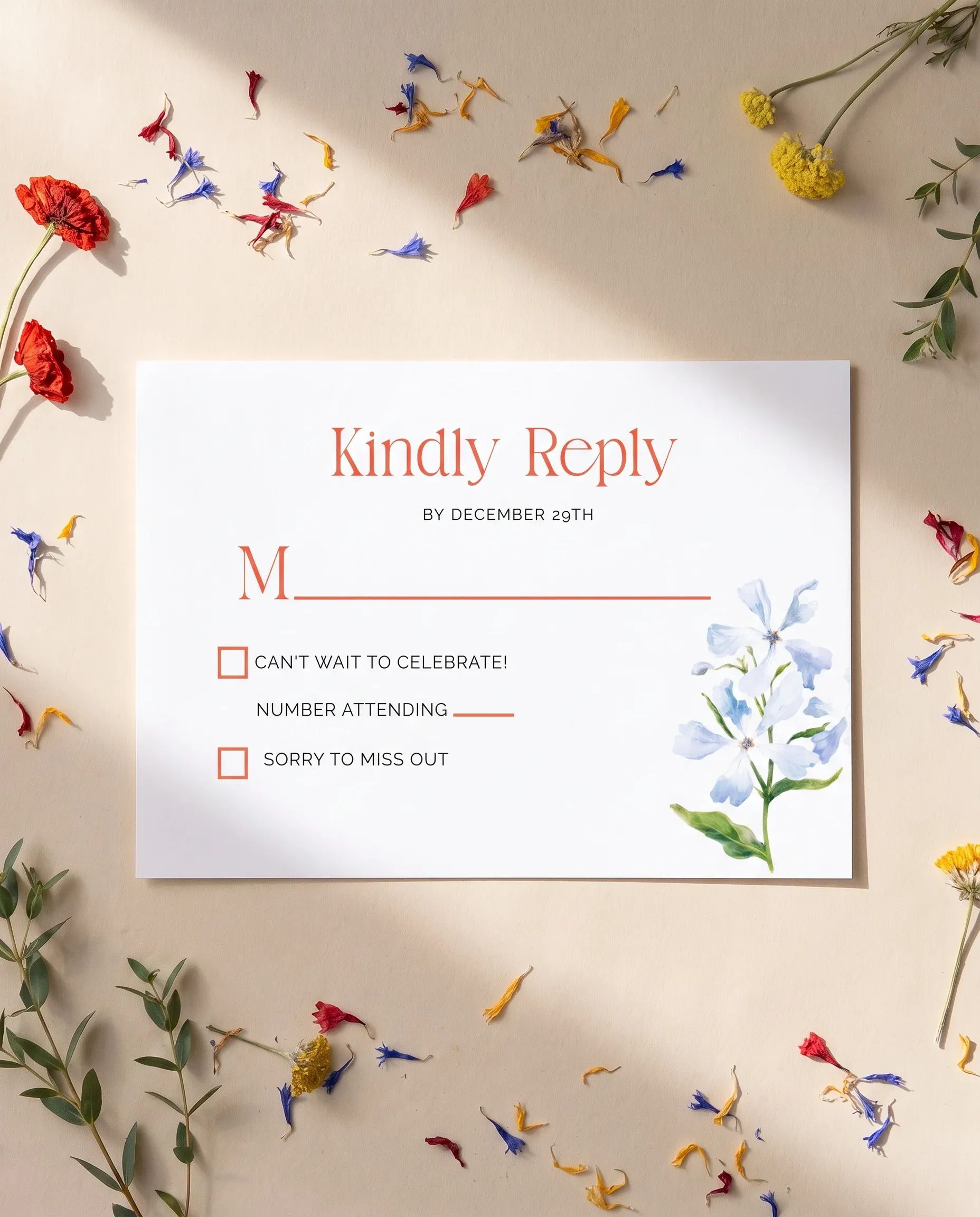 Poppy Meridian wedding invitation suite — RSVP card shown in a flat lay, wedding RSVP cards.