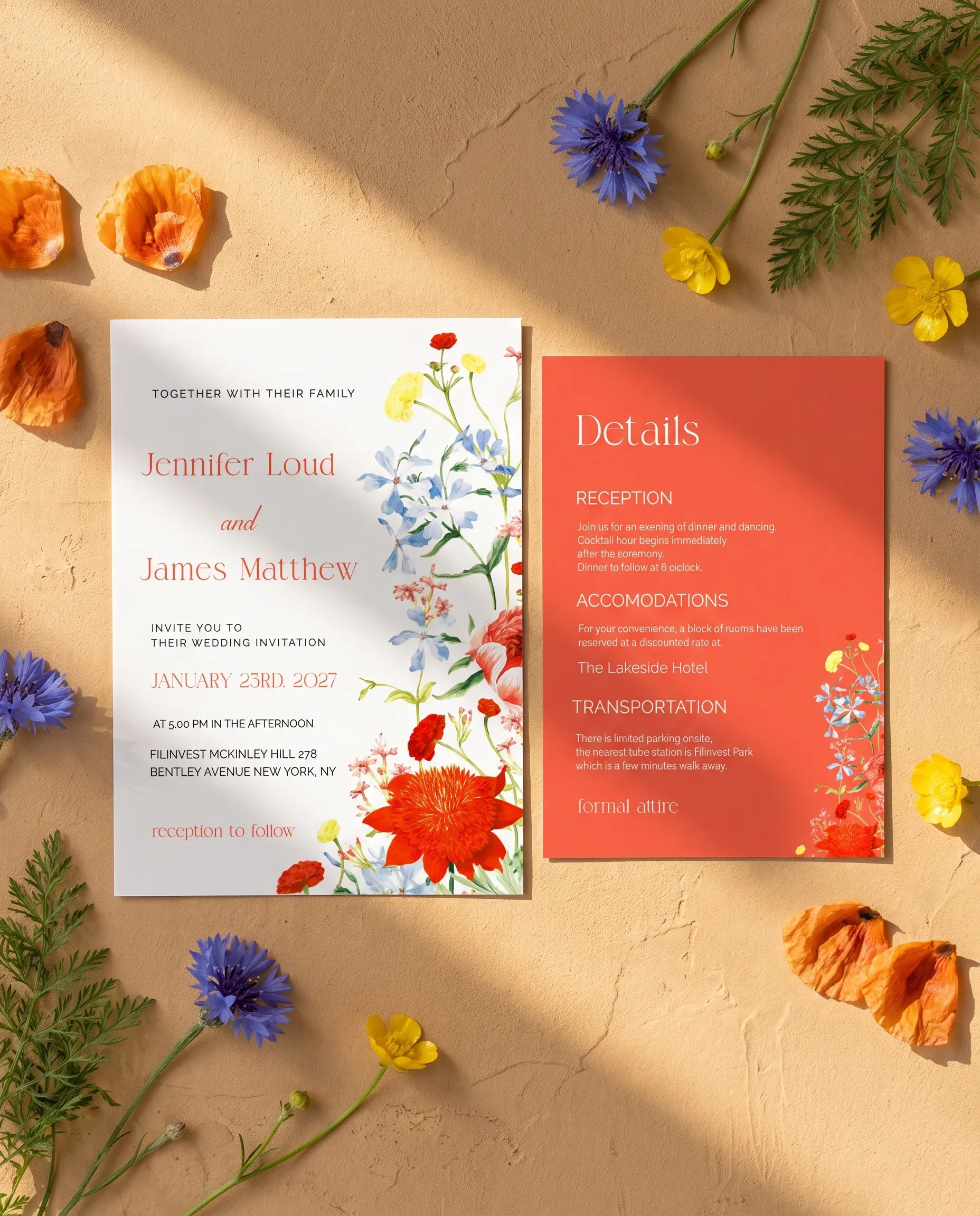 Poppy Meridian wedding invitation suite — invitation and details card arranged in a flat lay under soft natural light, wedding details card.