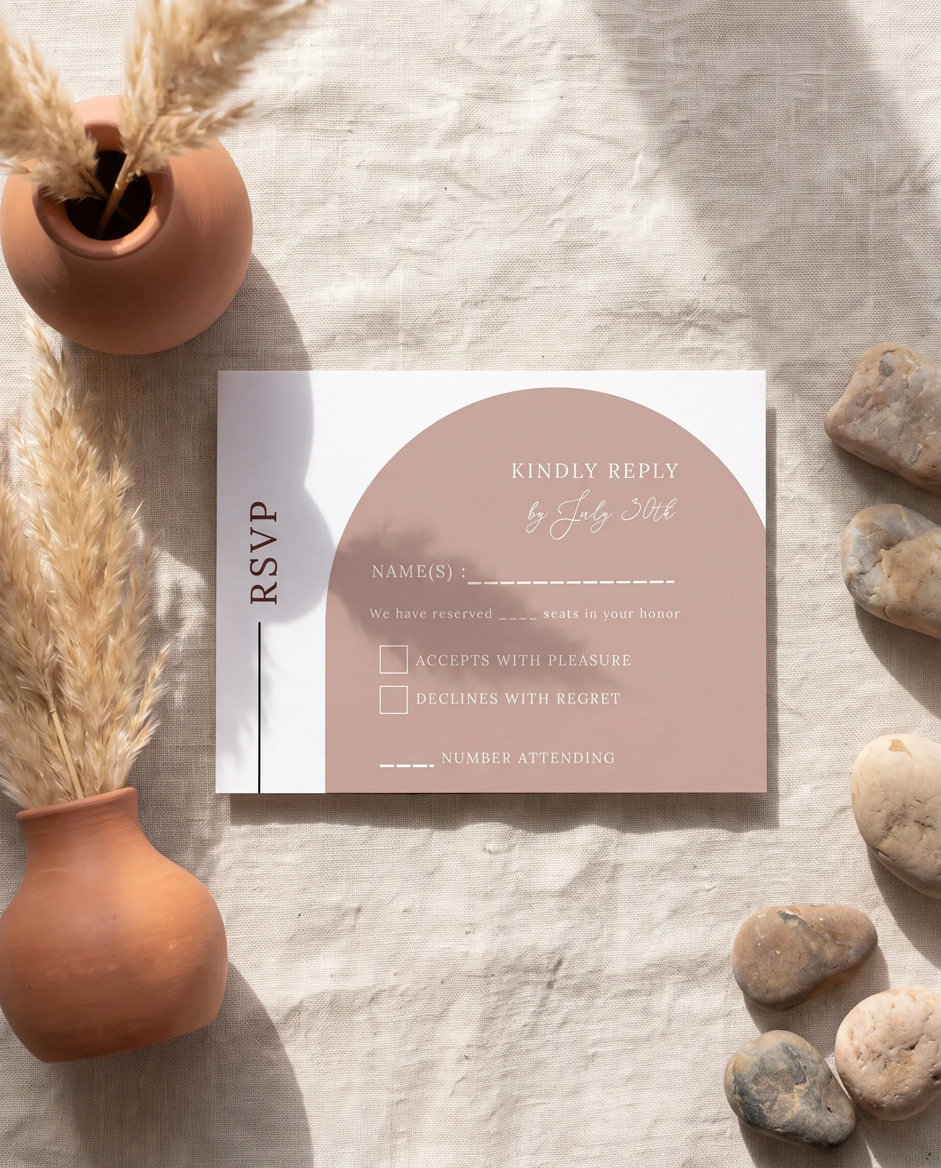 Desert Bloom wedding invitation suite — RSVP card shown in a flat lay under soft natural light, wedding RSVP cards