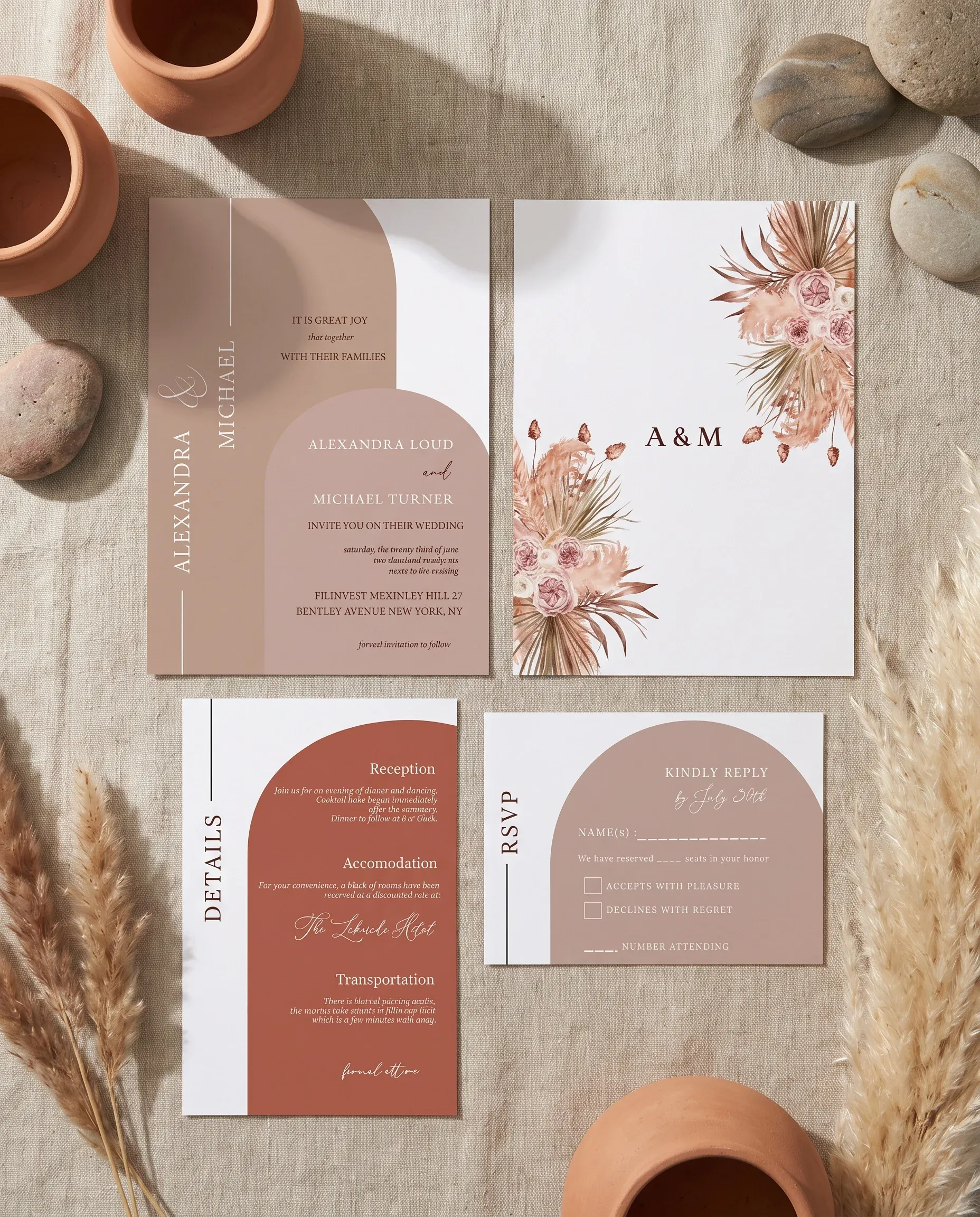 Desert Bloom wedding invitation suite — invitation, details card and RSVP shown in a flat lay under soft natural light, wedding invitation templates.