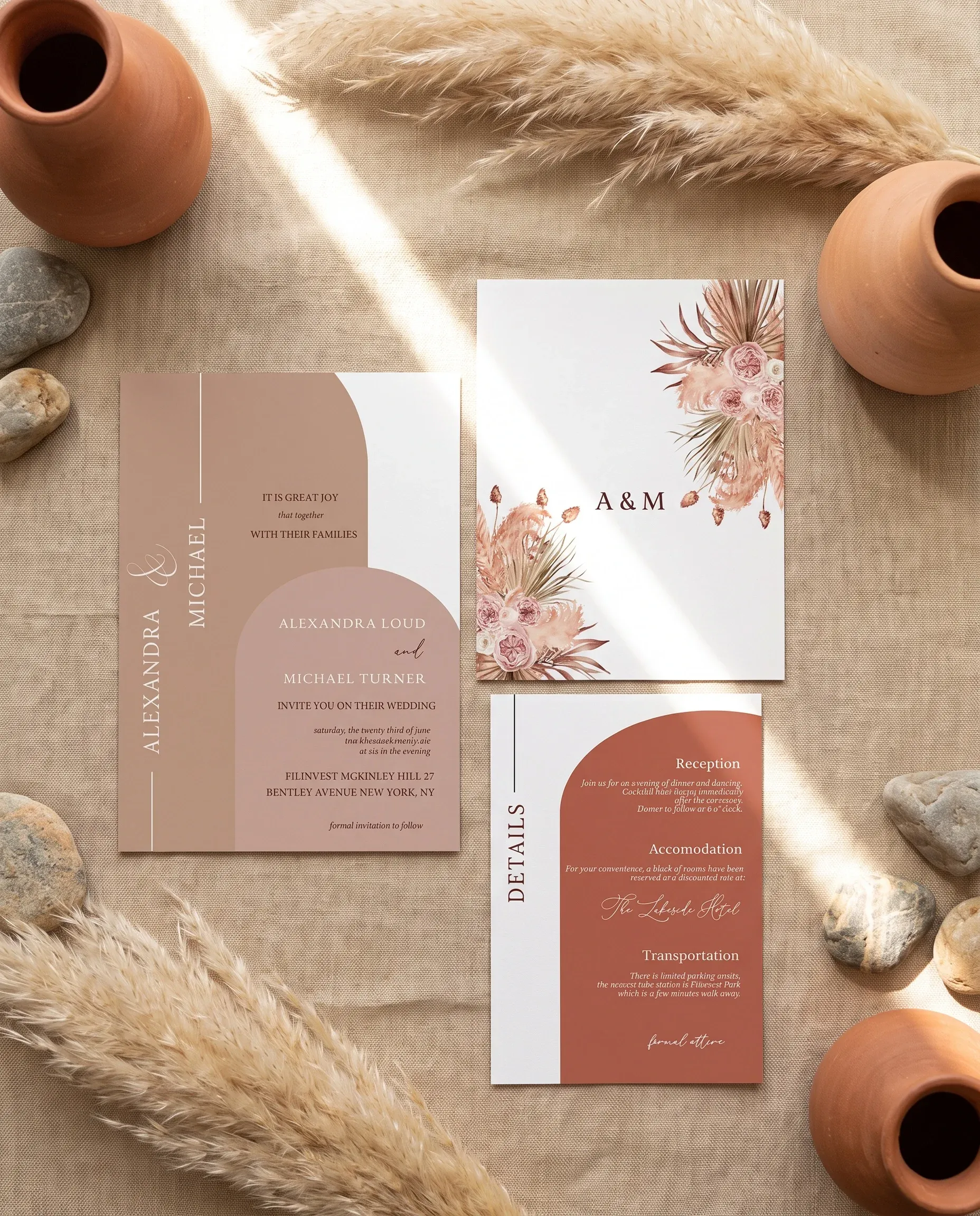 Desert Bloom wedding invitation suite — invitation and details card shown in a flat lay on premium editorial paper, wedding details card.