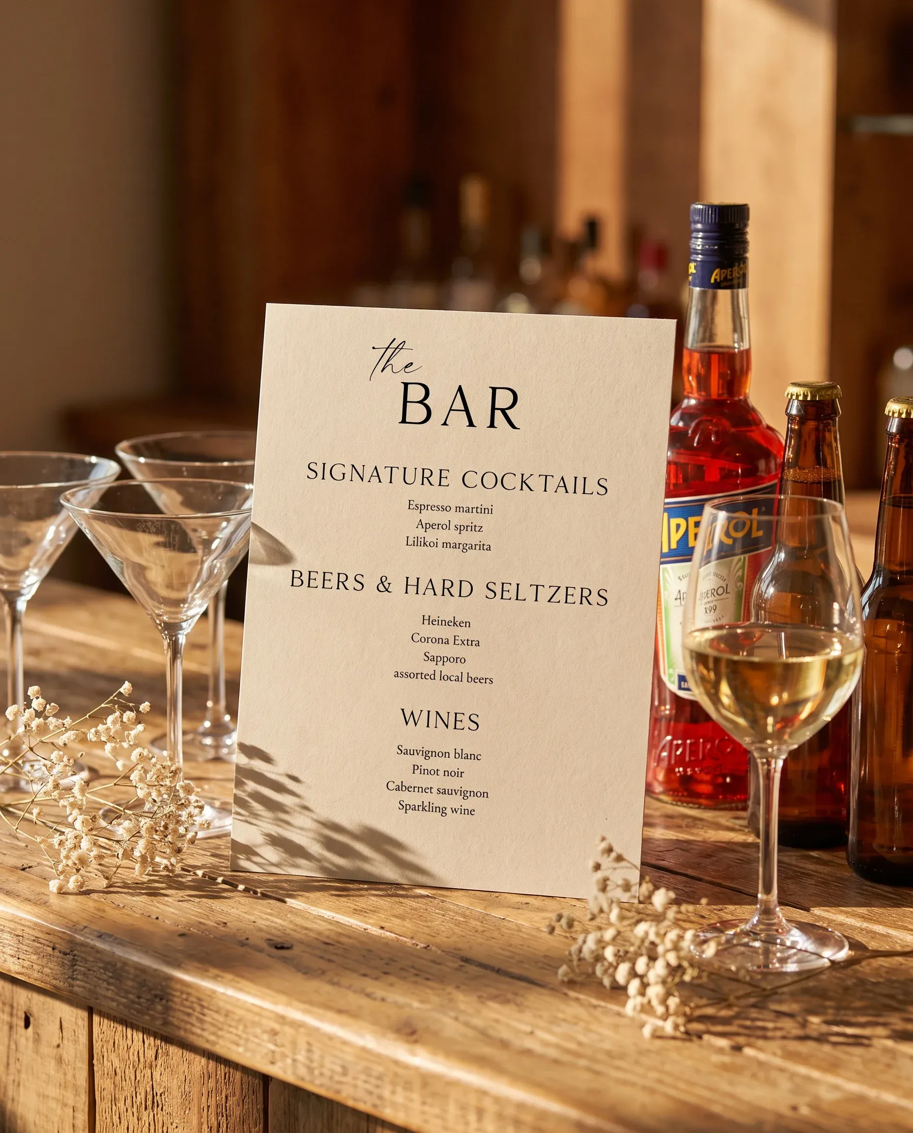Sunlit — bar menu page on a drinks station, shot from a slight overhead angle in soft natural light, bar menu template.