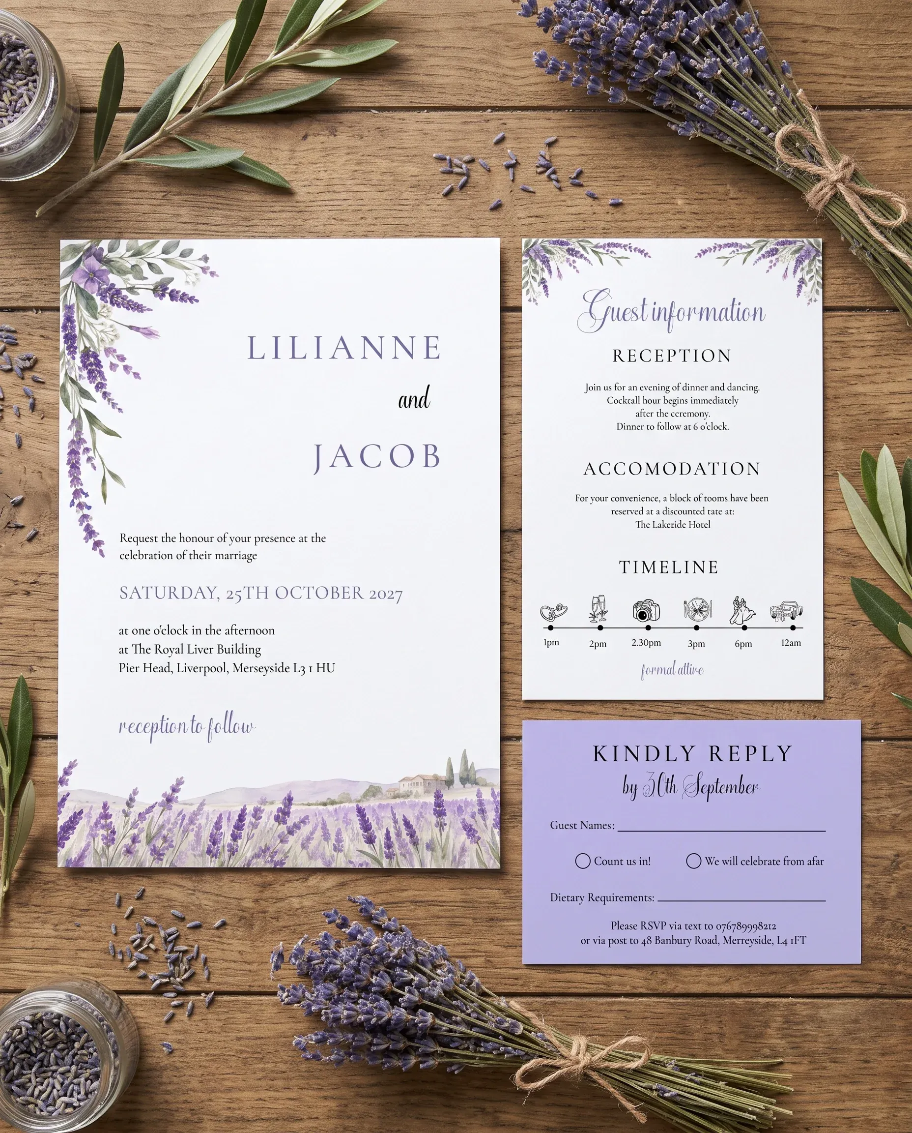 Provence Fields wedding invitation set — Invitation, details card and RSVP card shown in a flat lay, printable wedding invitations