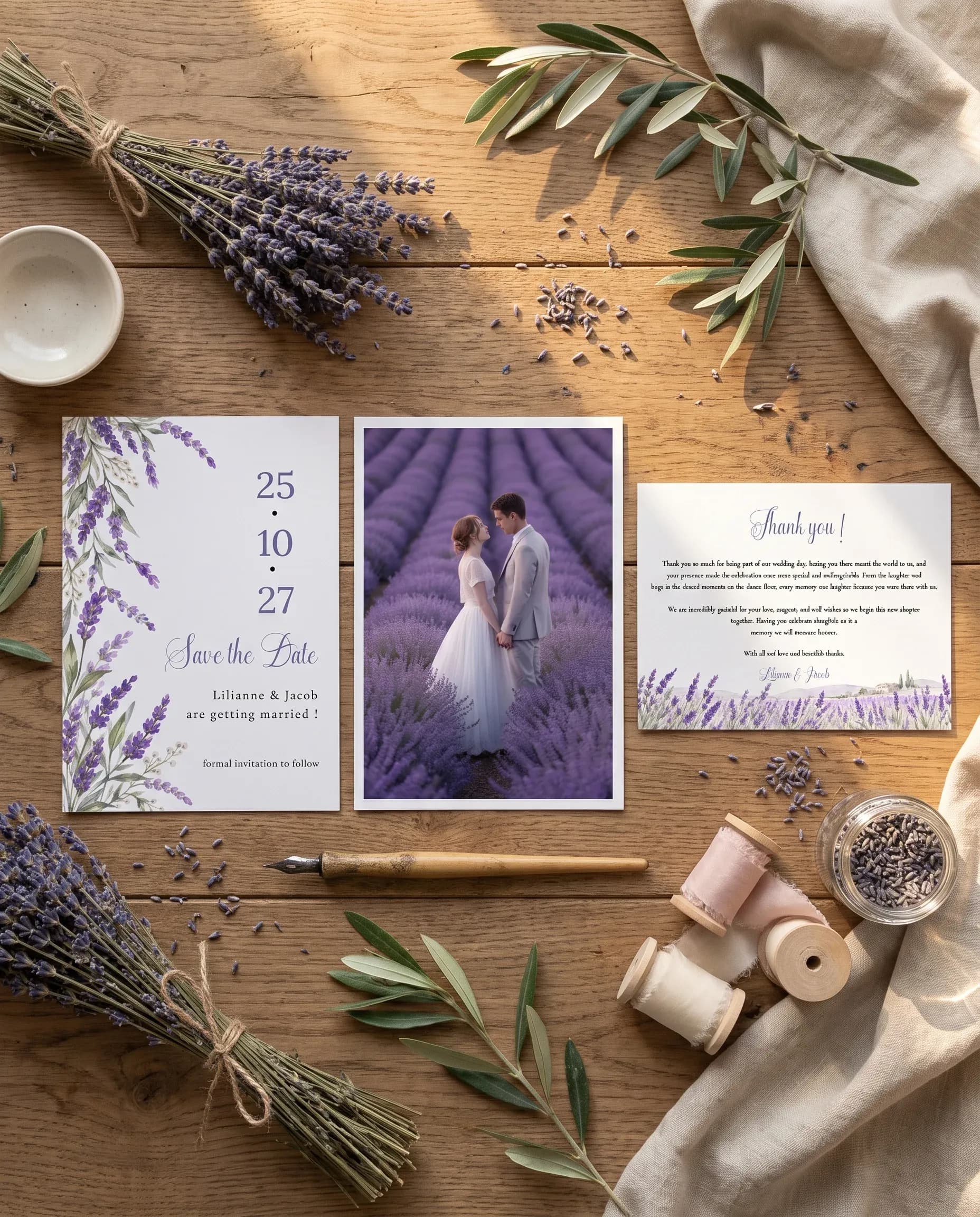Provence Fields wedding invitation set — Save the date and thank you card shown in a flat lay, wedding invitation templates