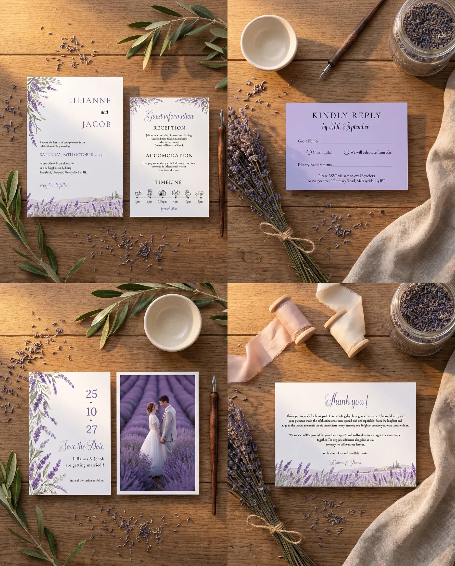 Provence Fields wedding invitation set — Invitation, details card, RSVP, save the date and thank you card shown in a flat lay, wedding invitation suite