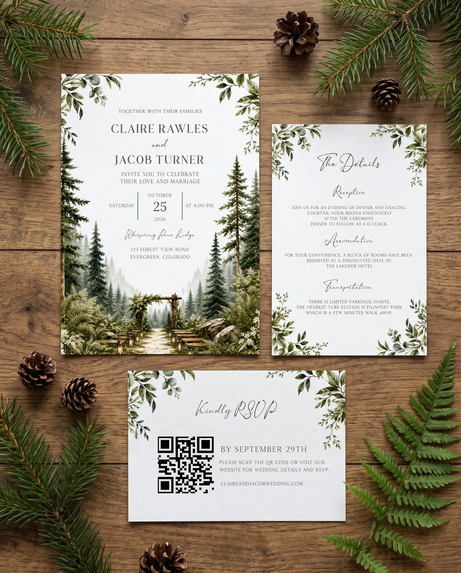 Canopy Grove wedding invitation set — Invitation, details card and RSVP card shown in a flat lay, printable wedding invitations