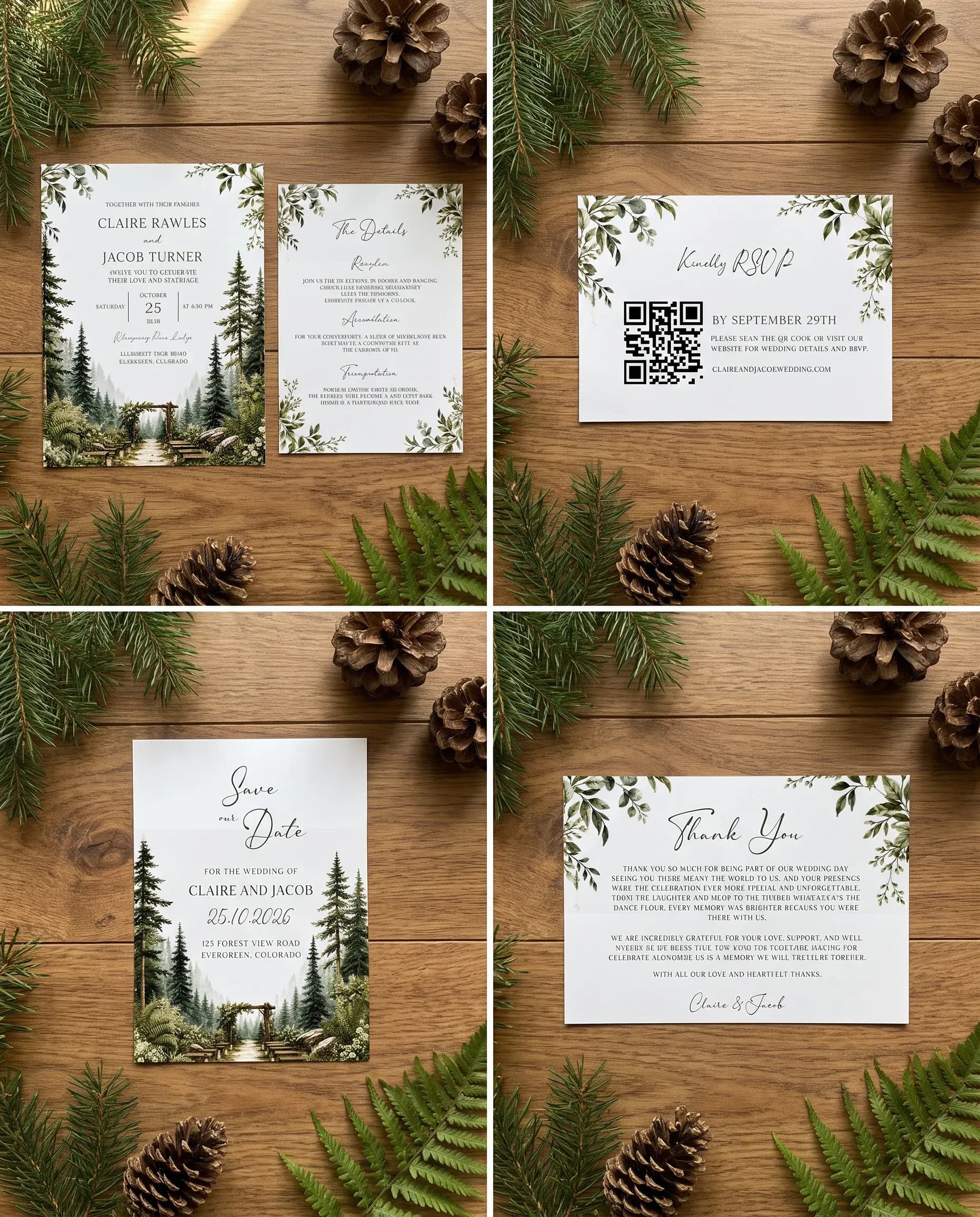 Canopy Grove wedding invitation set — Invitation, details card, RSVP, save the date and thank you card shown in a flat lay, wedding invitation suite