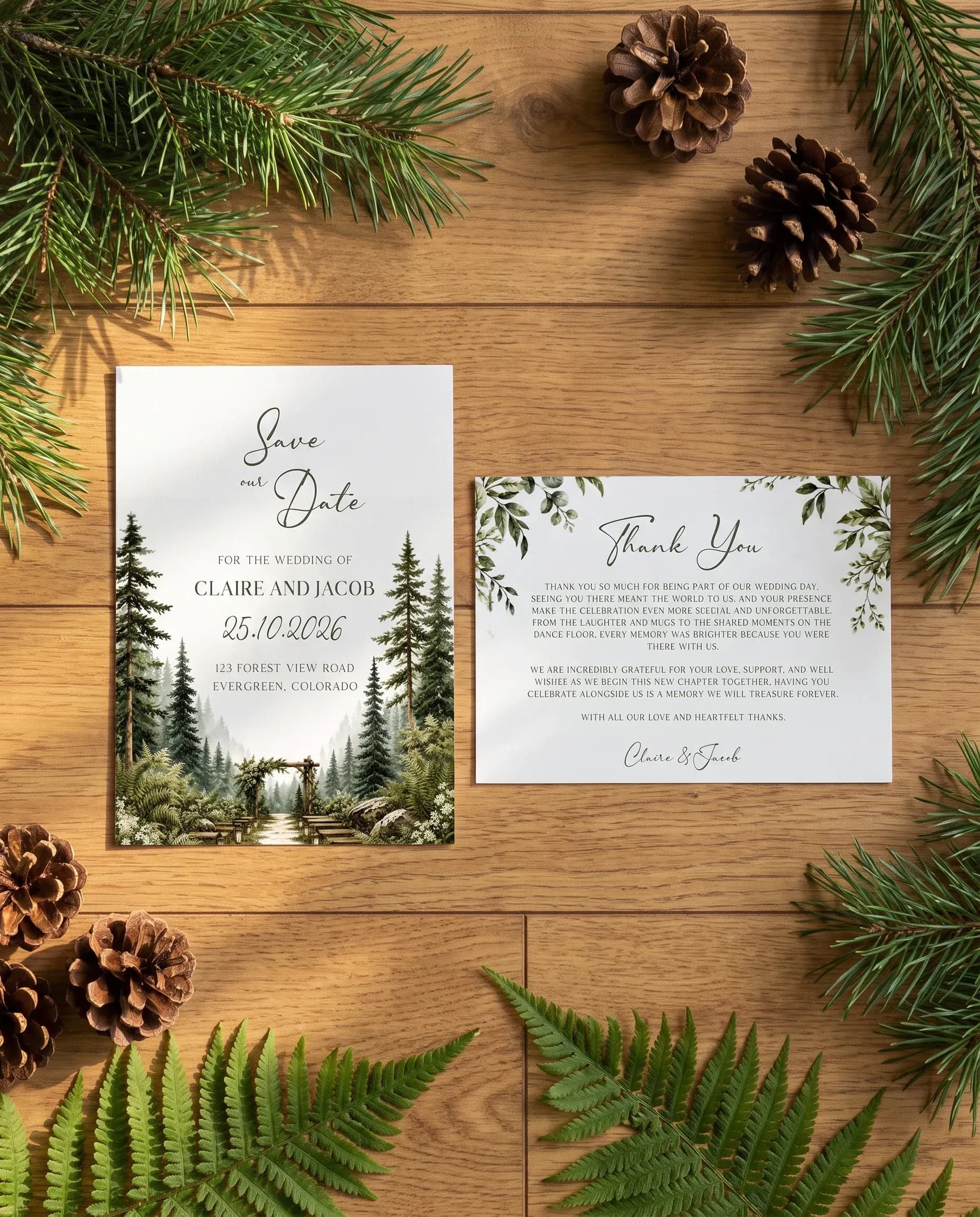 Canopy Grove wedding invitation set — Save the date and thank you card shown in a flat lay, wedding invitation templates