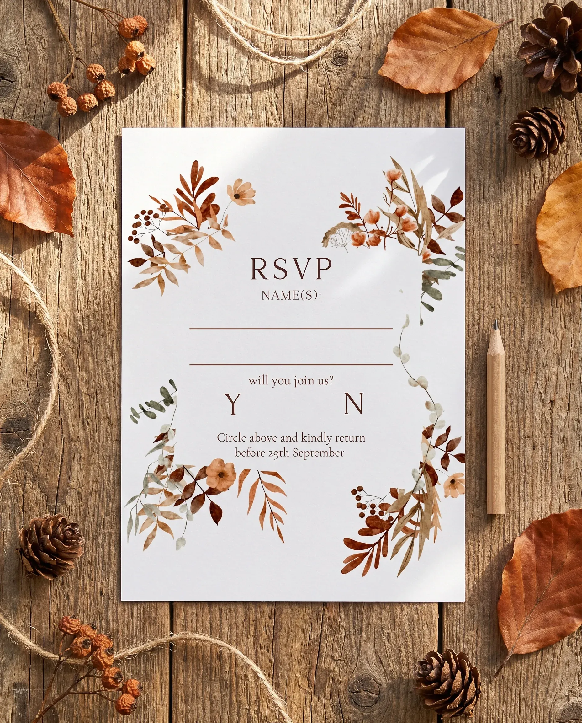 Autumn Bower wedding invitation suite — RSVP card shown in a flat lay under soft natural light, wedding RSVP cards.