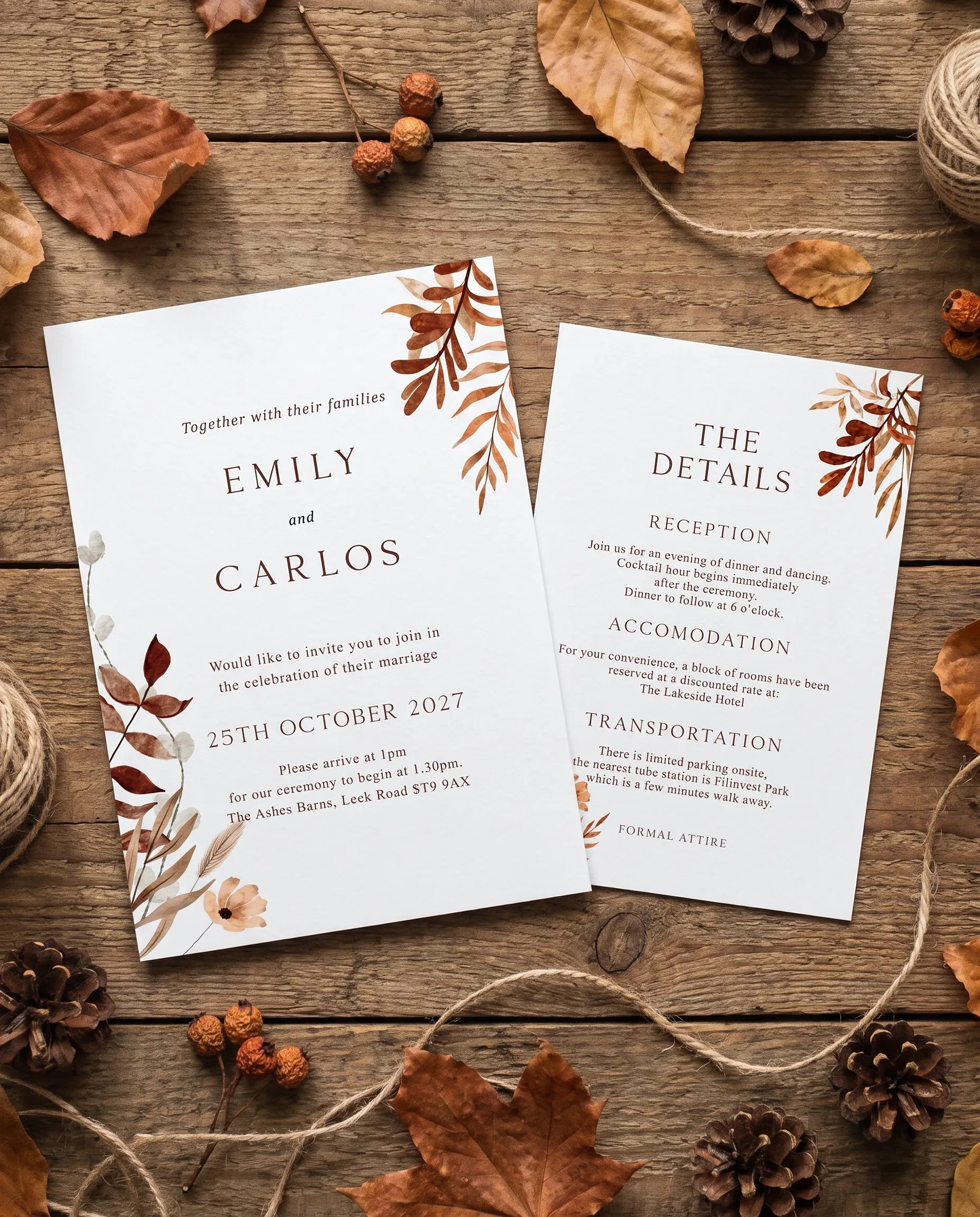 Autumn Bower wedding invitation suite — invitation and details card arranged together in a flat lay under soft natural light, wedding details card.