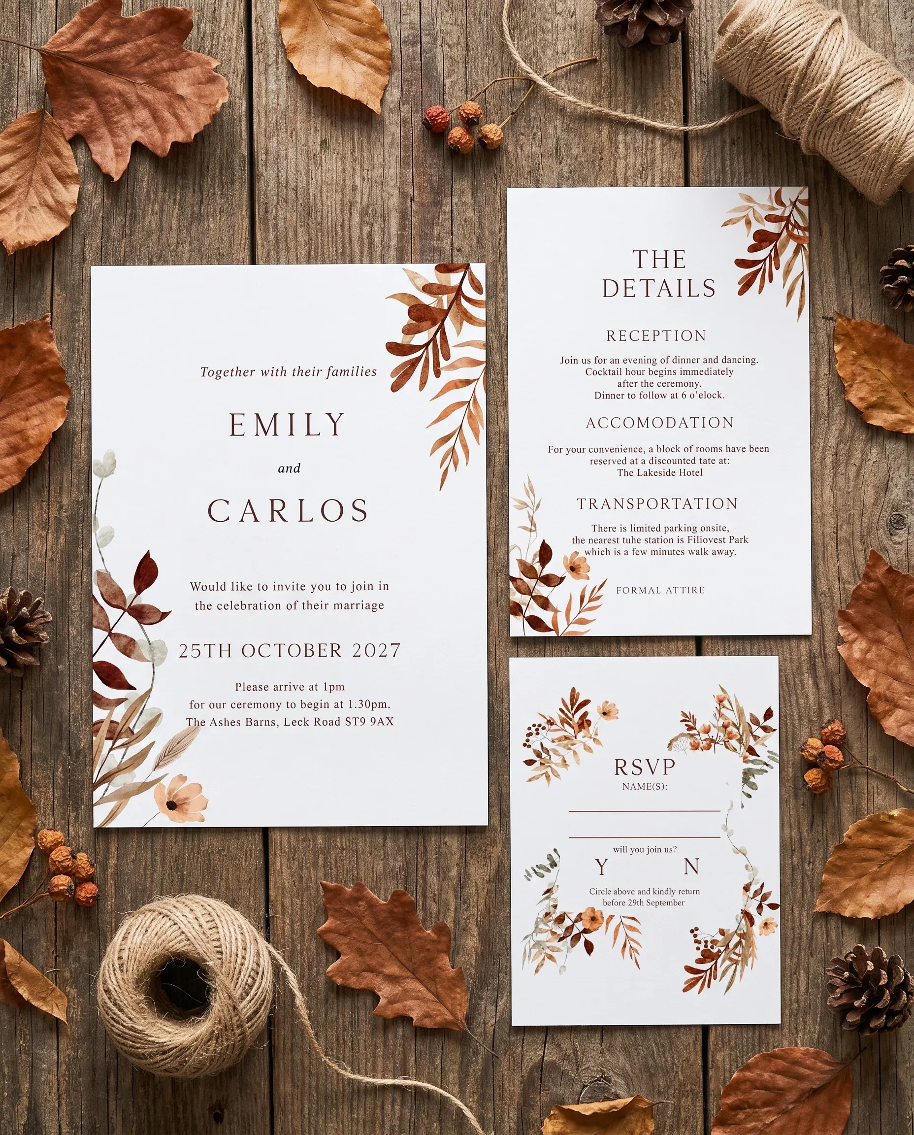 Autumn Bower wedding invitation suite — invitation, details card and RSVP shown in a flat lay under soft natural light, wedding invitation templates