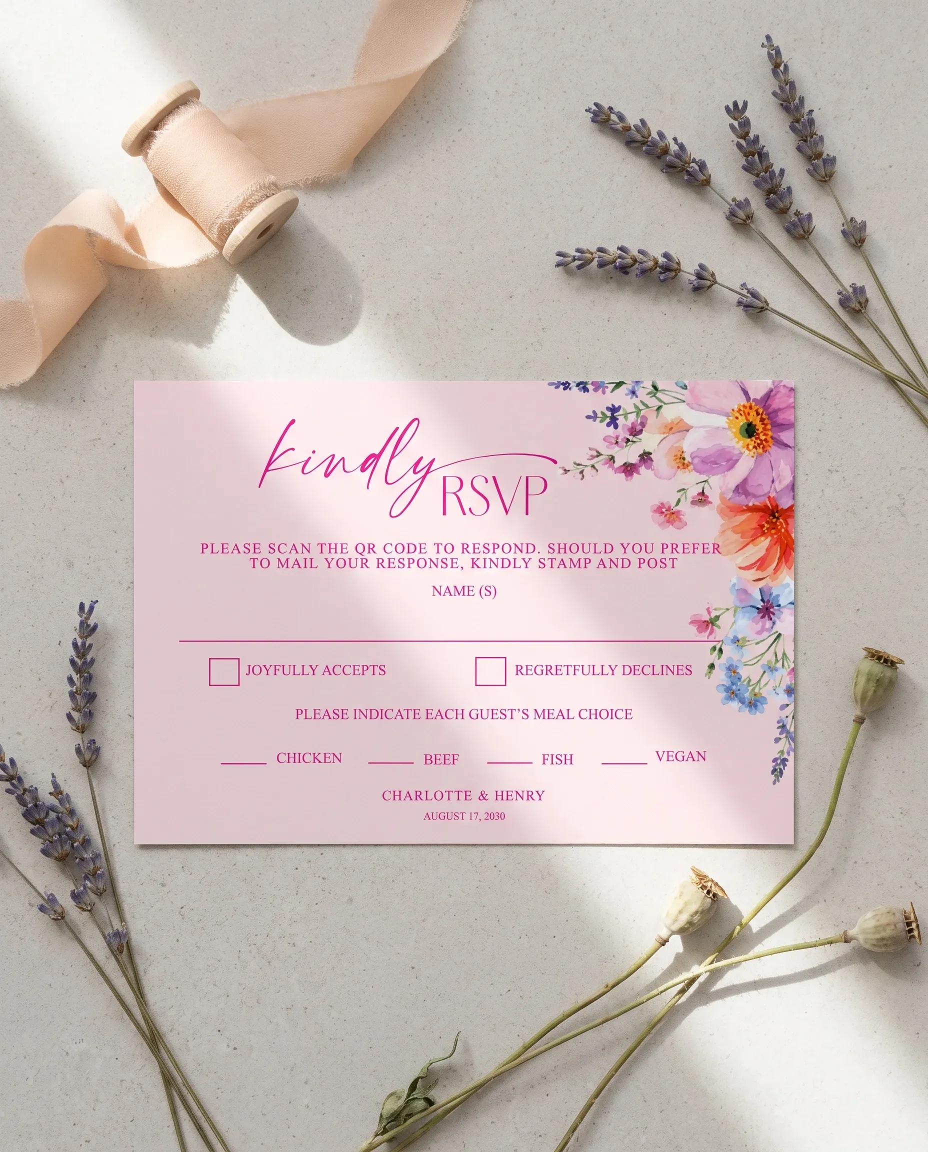 Wildmeadow wedding invitation suite — RSVP card shown in a flat lay under soft natural light with a slight overhead angle, wedding RSVP cards.