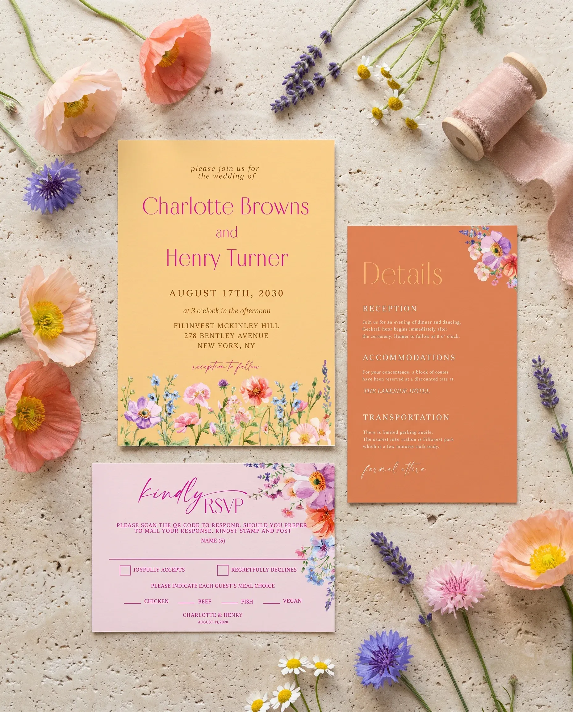 Wildmeadow Bouquet wedding invitation suite — invitation, details card and RSVP shown in a flat lay on premium editorial paper under soft natural light, wedding invitation templates.