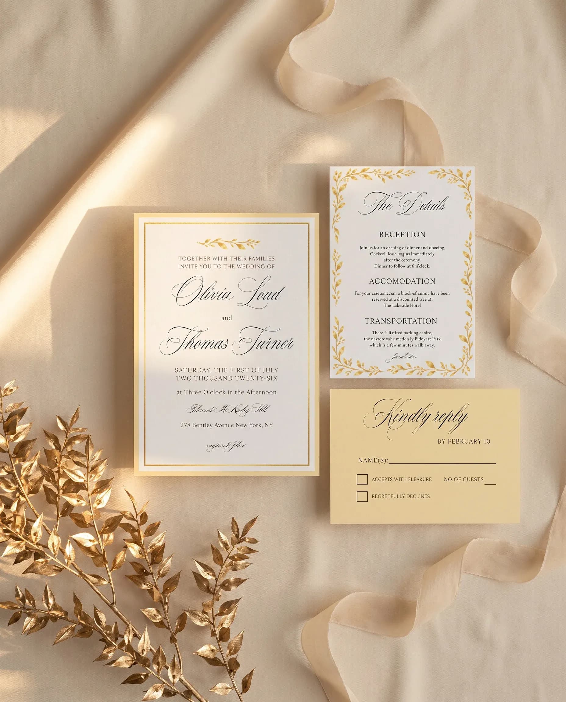 Gilded Bough wedding invitation set — Invitation, details card and RSVP card shown in a flat lay, printable wedding invitations