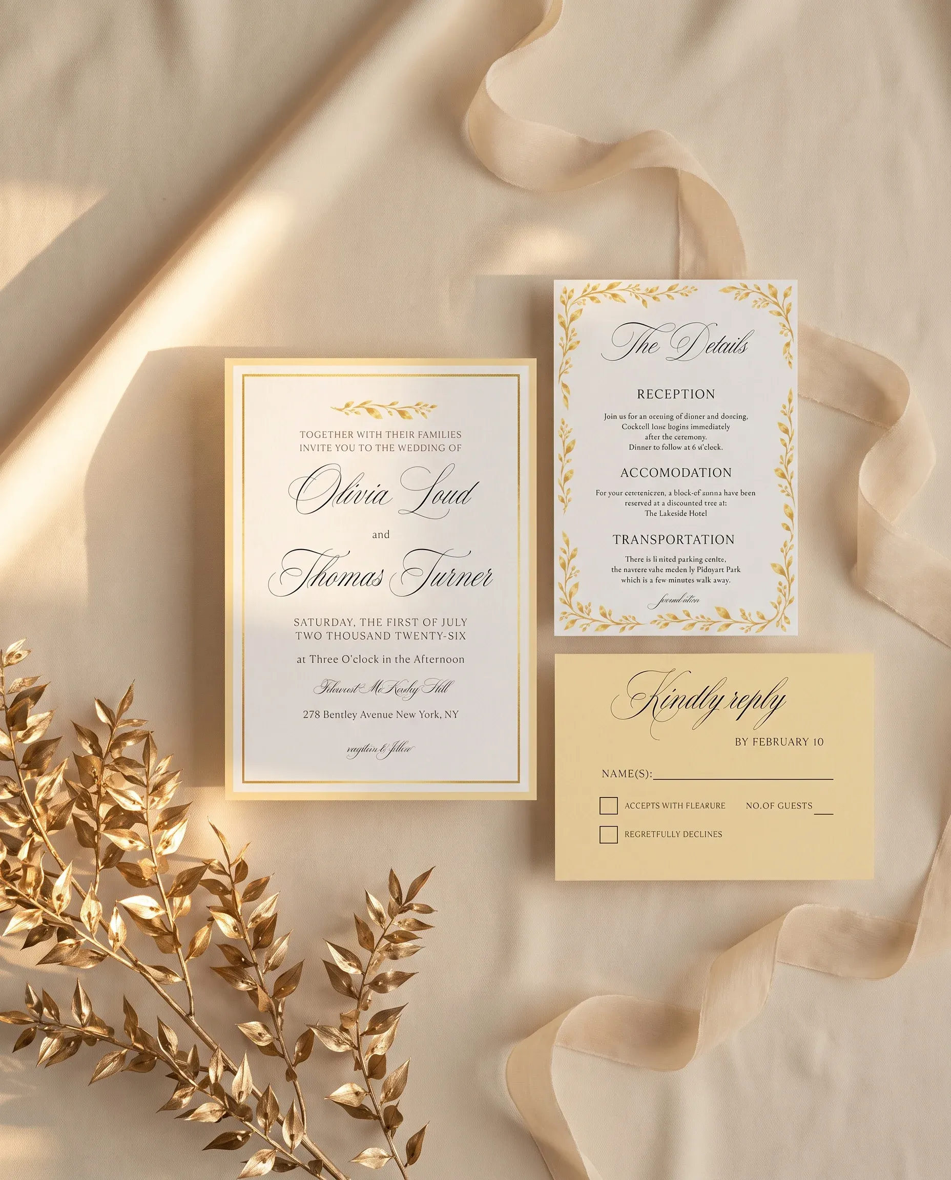 Gilded Bough wedding invitation set — Invitation, details card and RSVP card shown in a flat lay, printable wedding invitations
