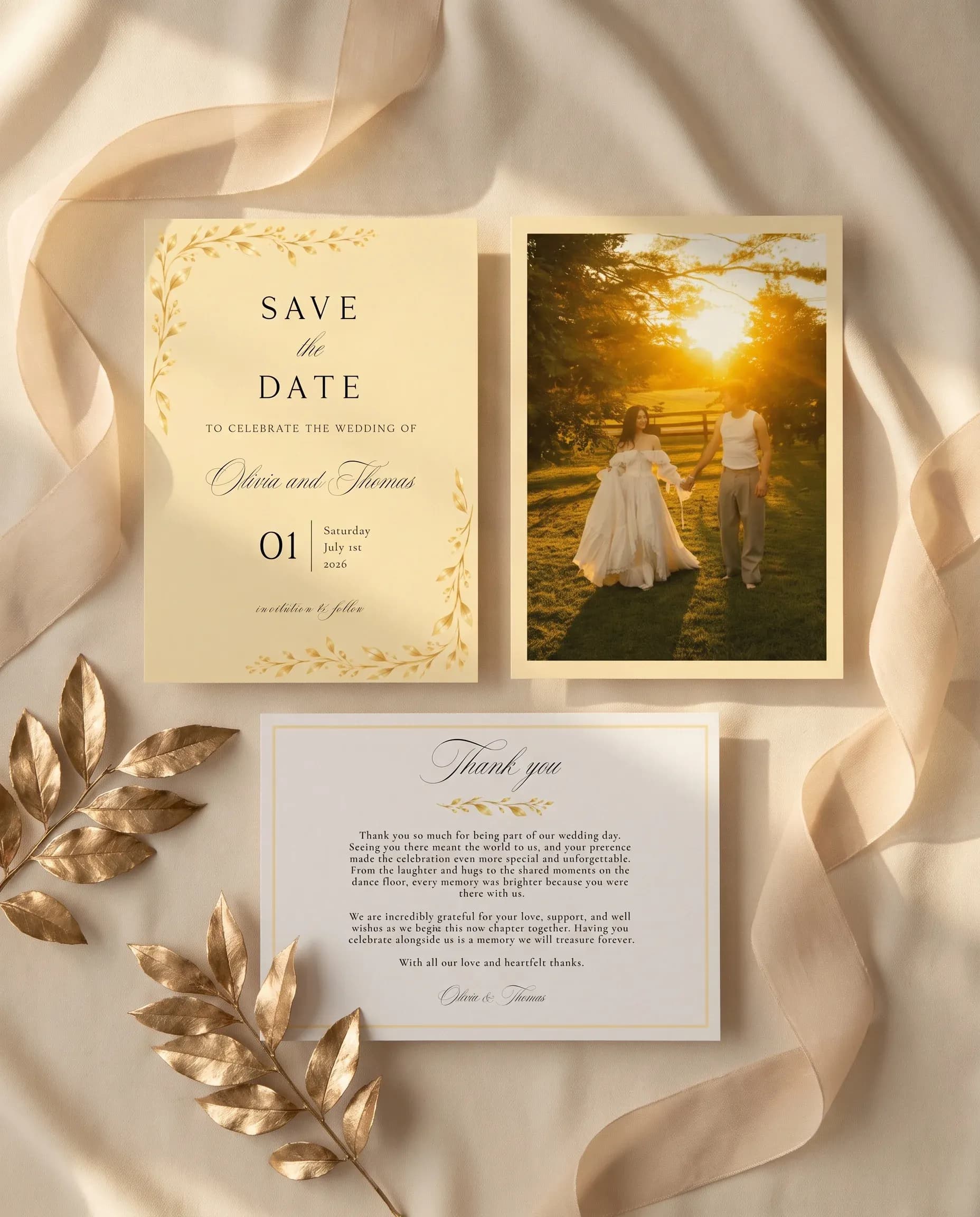 Gilded Bough wedding invitation set — Save the date and thank you card shown in a flat lay, wedding invitation templates