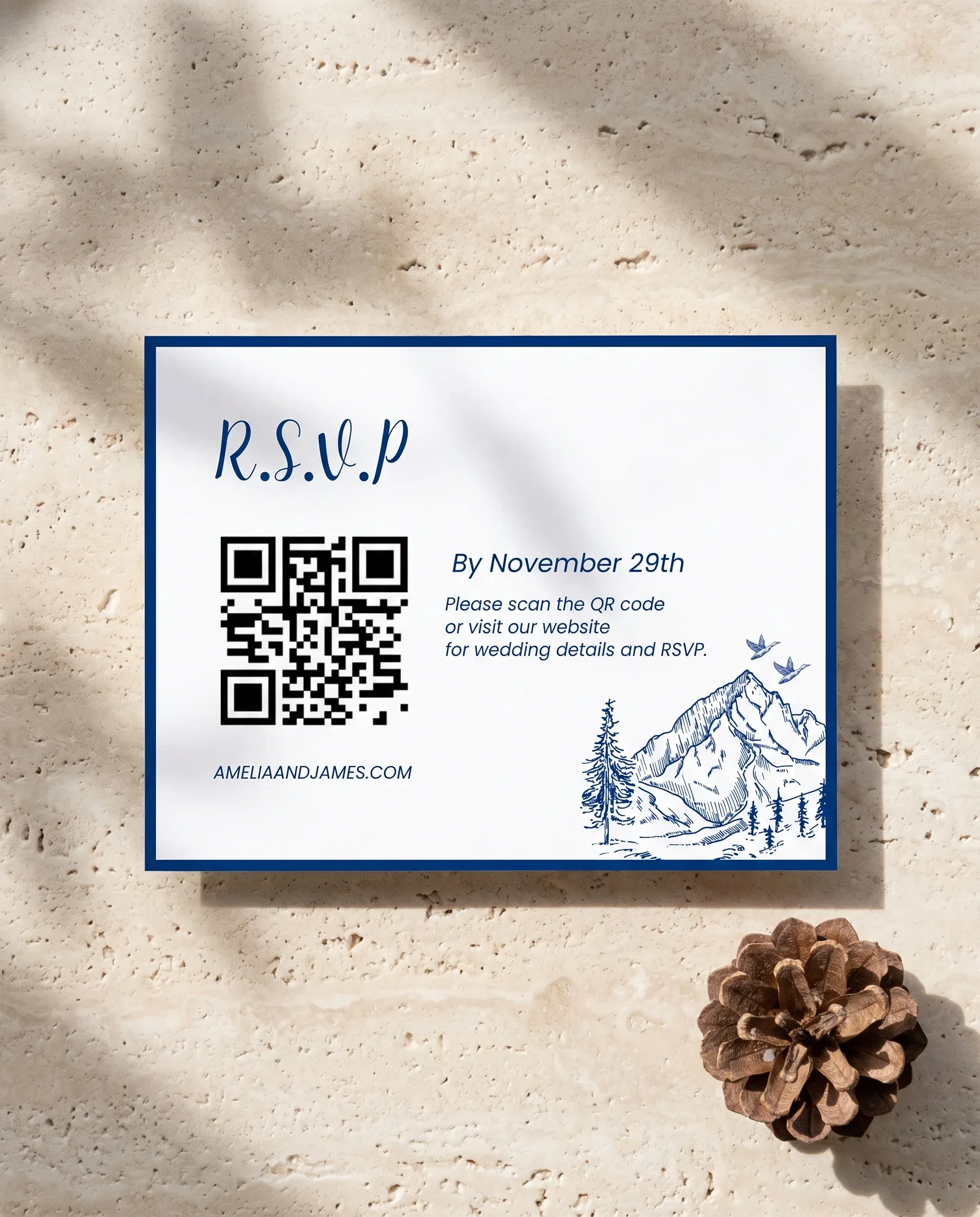 Blue Range wedding invitation suite — RSVP card shown in a flat lay, wedding RSVP cards.