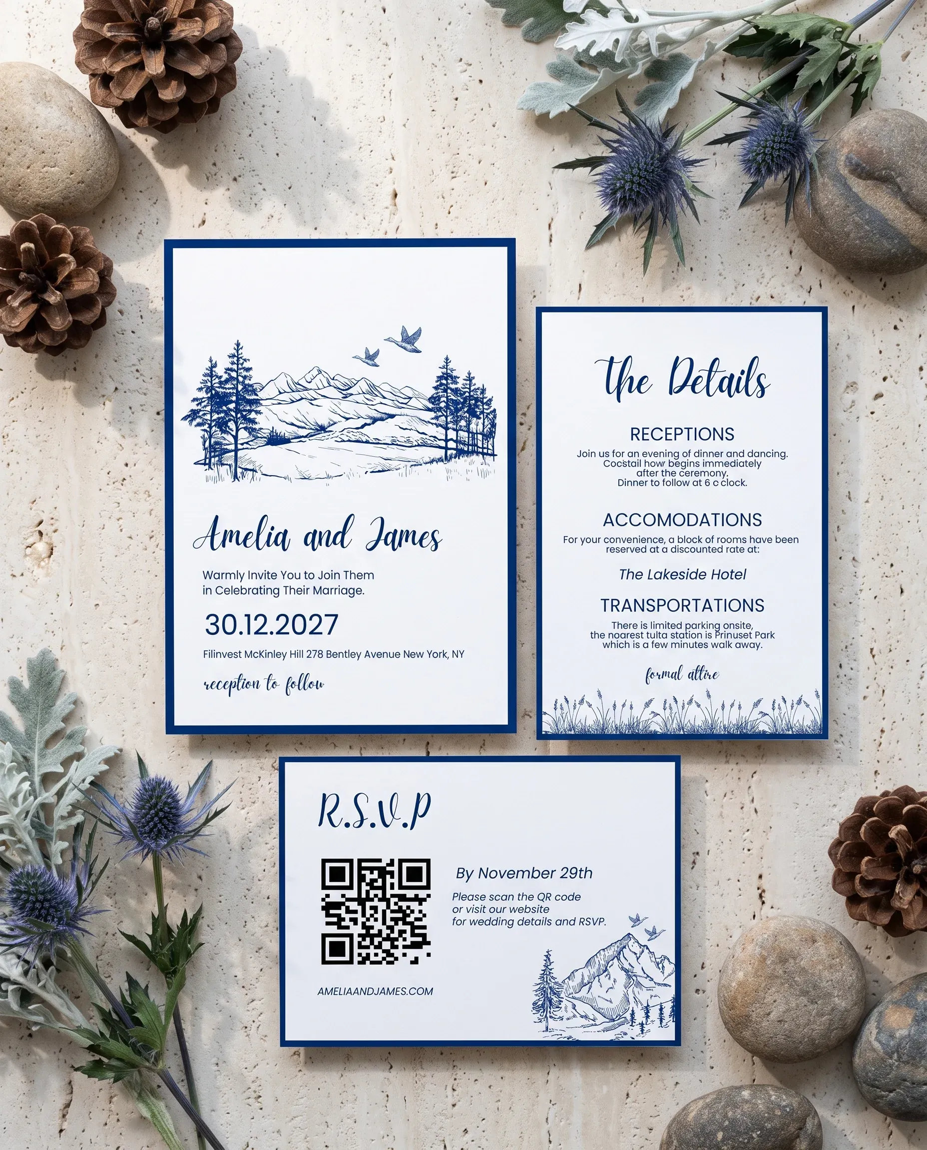 Blue Range wedding invitation suite — invitation, details card and RSVP shown in a flat lay, wedding invitation templates.