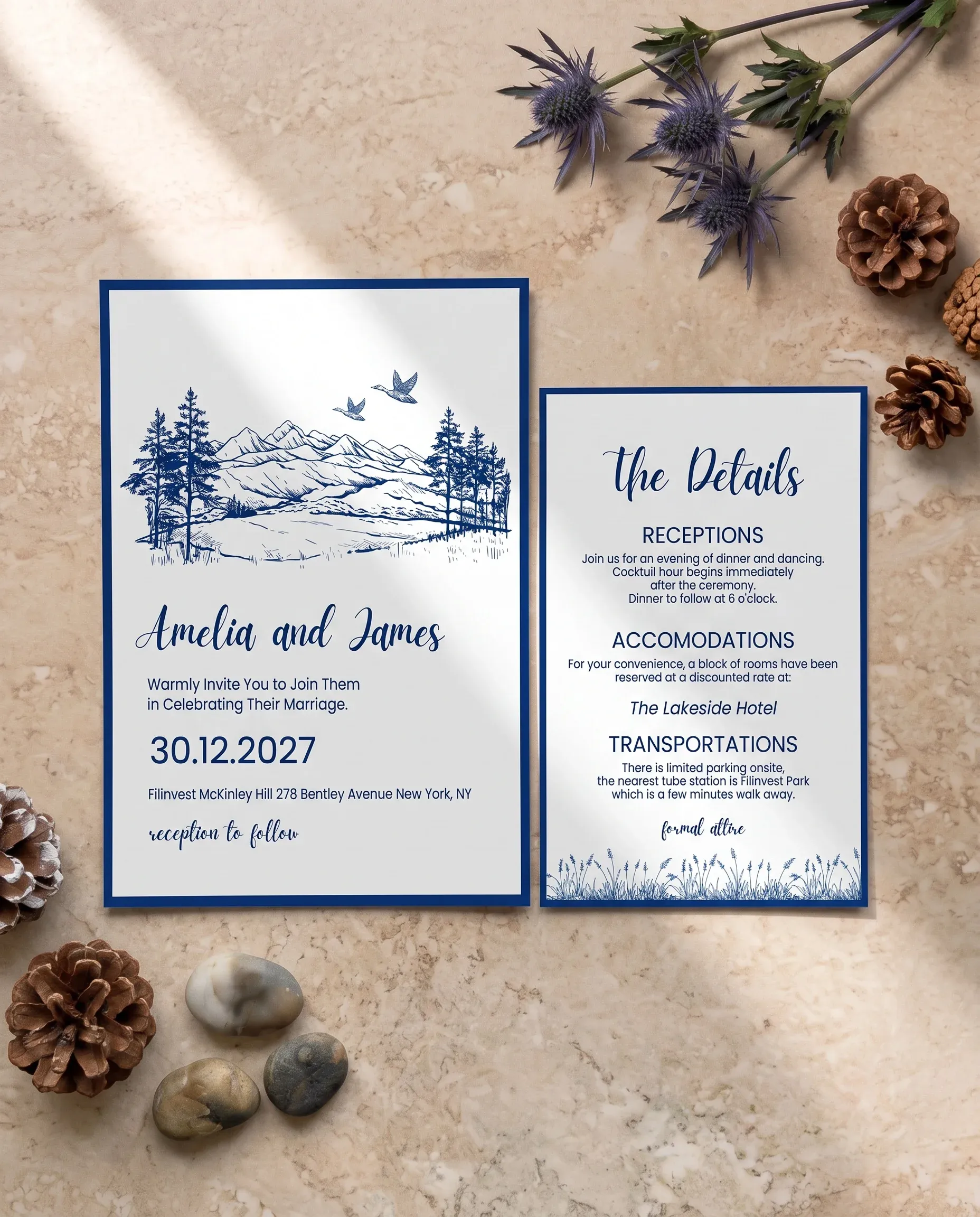 Blue wedding invitation suite — invitation and details card arranged together in a flat lay, wedding details card.