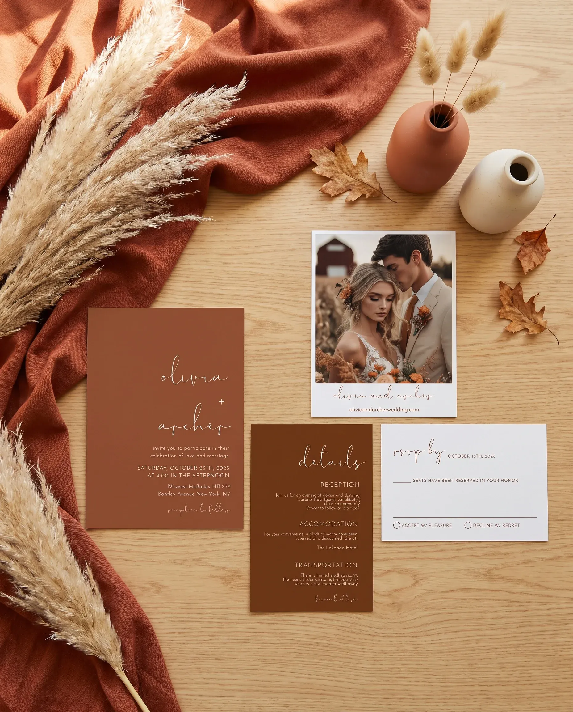 Stevens wedding invitation suite — invitation, details card and RSVP shown in a flat lay under soft natural light, wedding invitation templates.