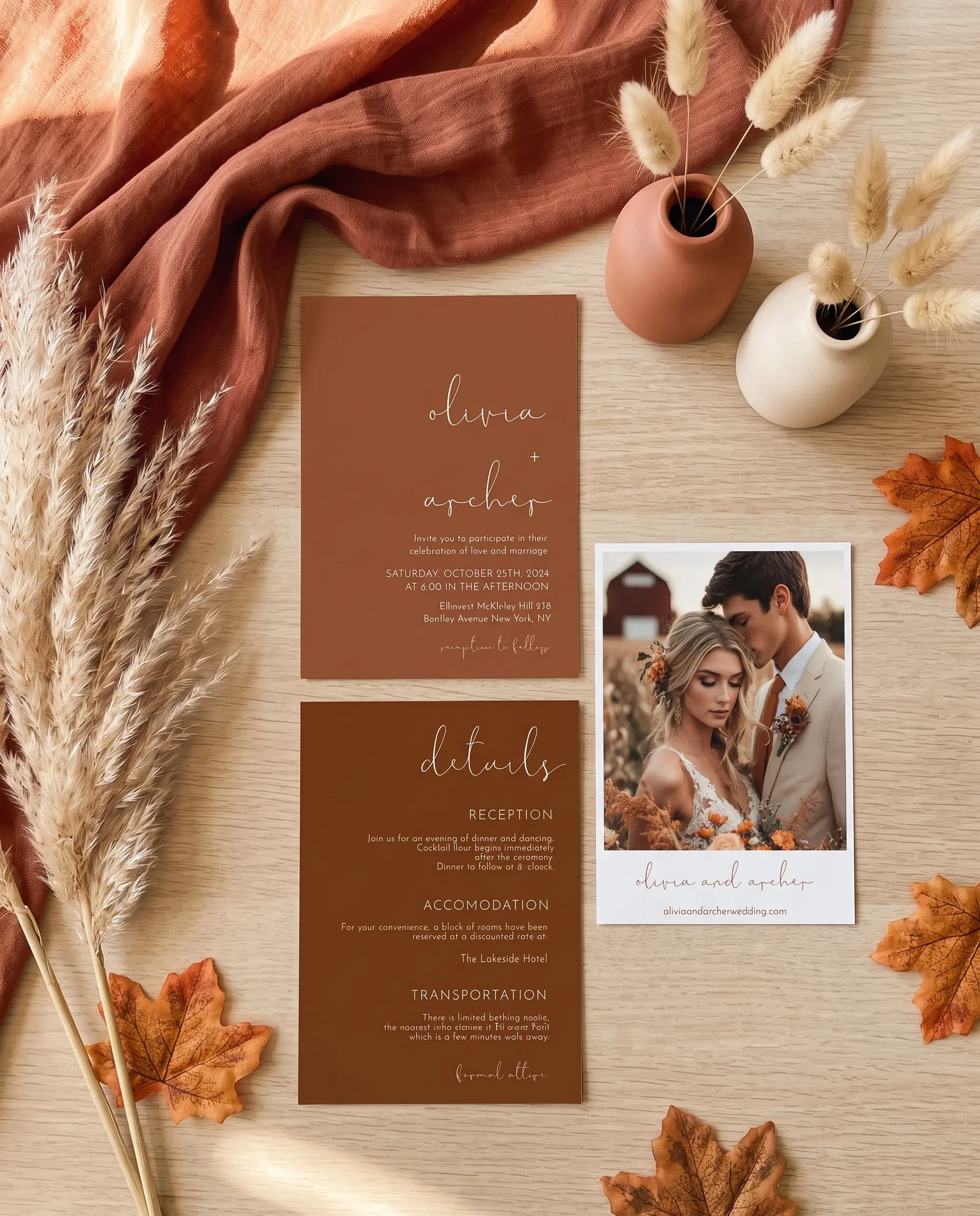 Stevens wedding invitation suite — invitation and details card shown in a flat lay under soft natural light with a slight overhead angle, wedding details card.