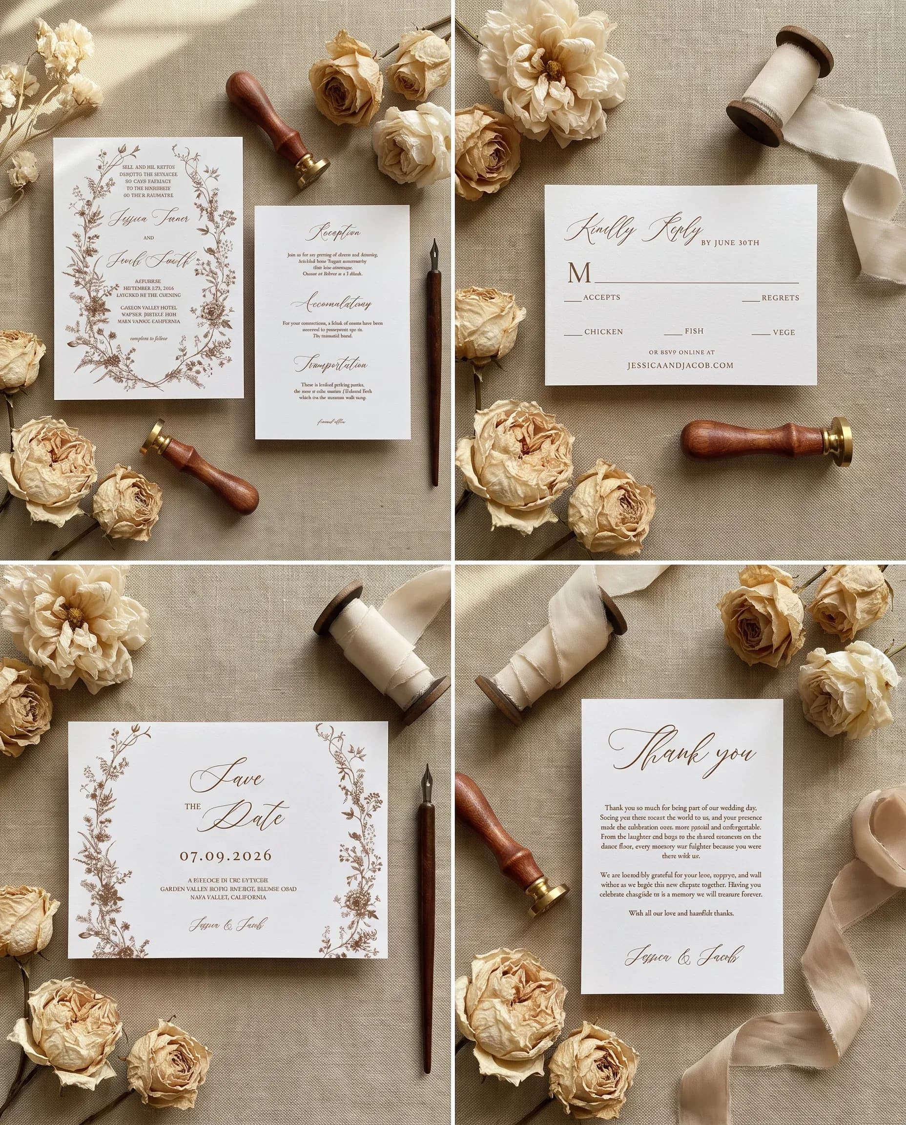 Sepia Crest wedding invitation set — Invitation, details card, RSVP, save the date and thank you card shown in a flat lay, wedding invitation suite