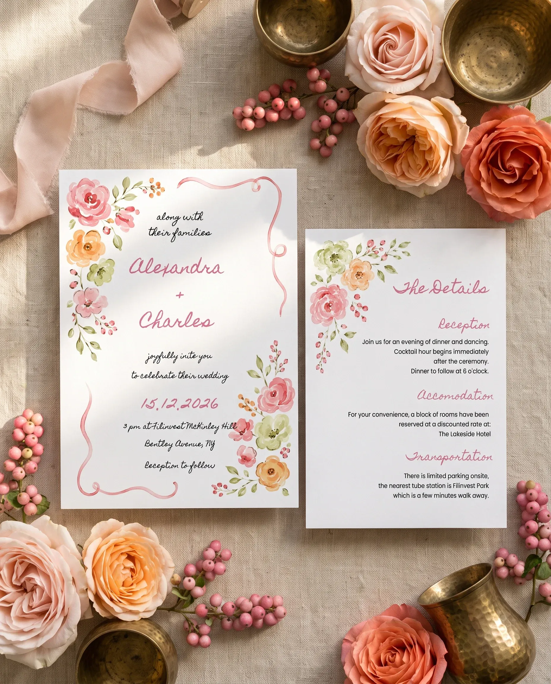 Blush Garland wedding invitation suite — invitation and details card shown in a flat lay, wedding details card.