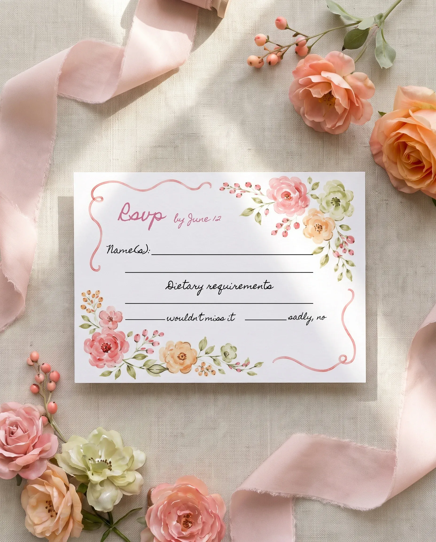 Blush Garland wedding invitation suite — RSVP card shown in a flat lay on premium editorial paper, wedding RSVP cards.
