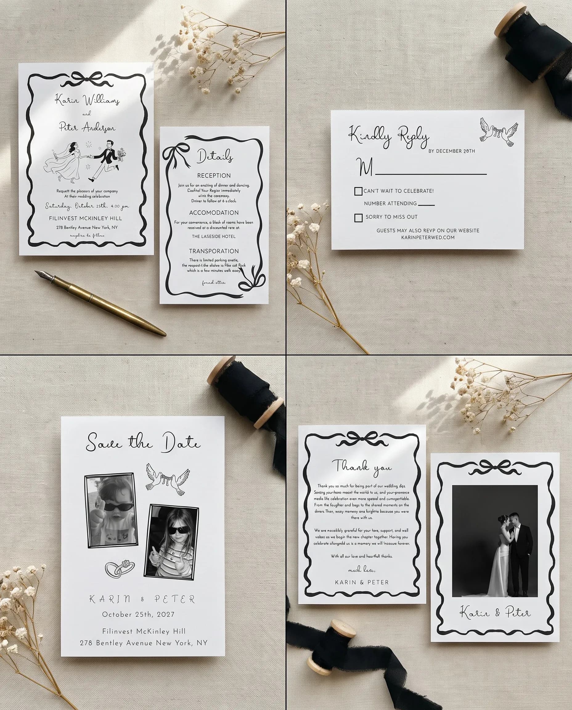 Sketchbook Bow wedding invitation set — Invitation, details card, RSVP, save the date and thank you card shown in a flat lay, wedding invitation suite