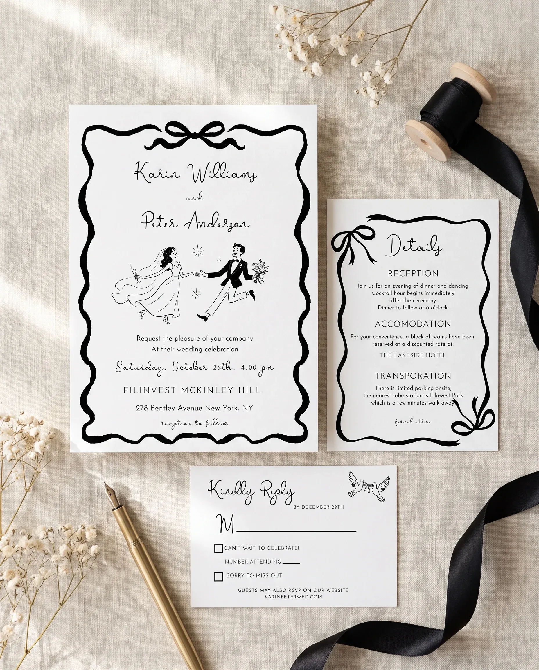 Sketchbook Bow wedding invitation set — Invitation, details card and RSVP card shown in a flat lay, printable wedding invitations