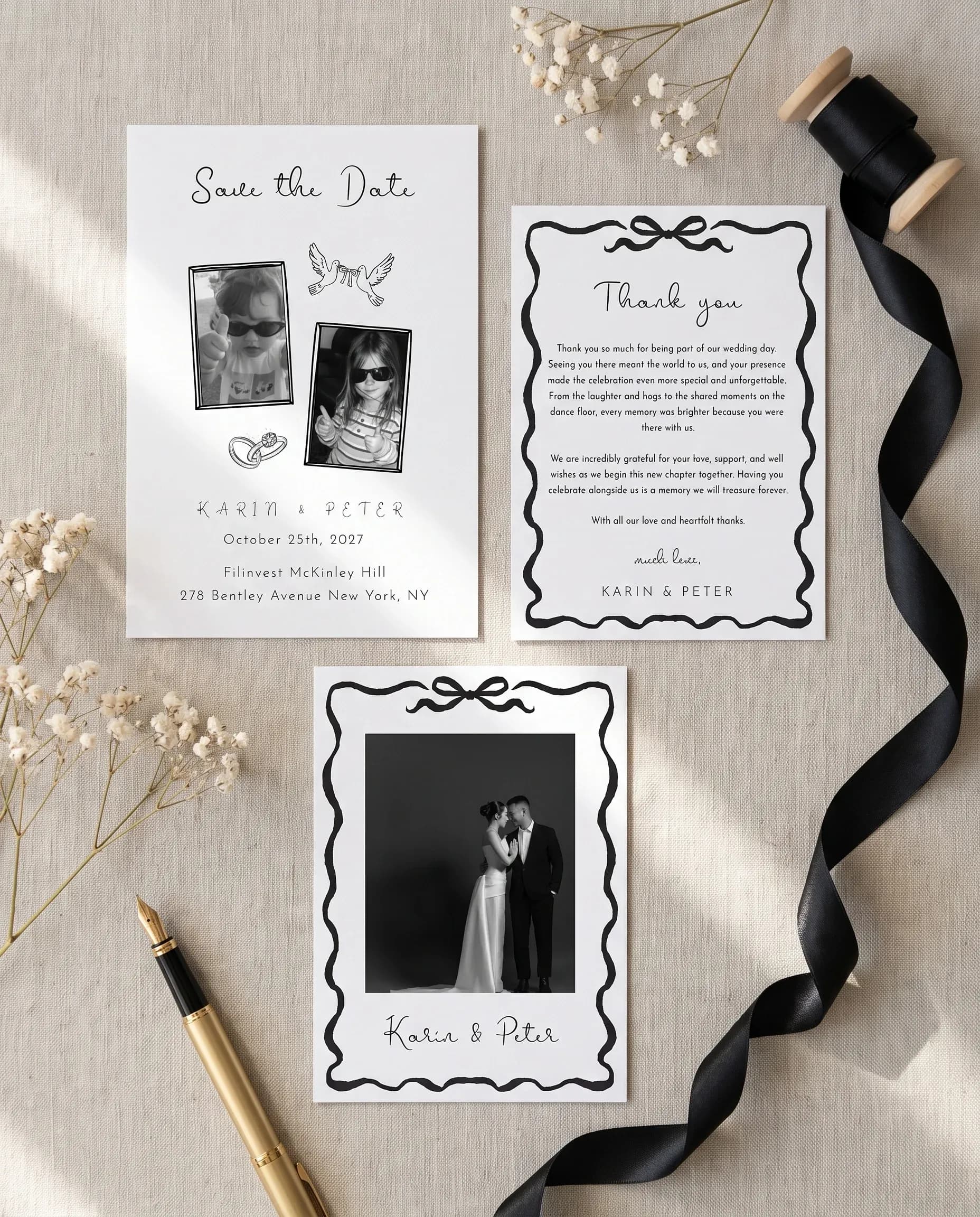 Sketchbook Bow wedding invitation set — Save the date and thank you card shown in a flat lay, wedding invitation templates
