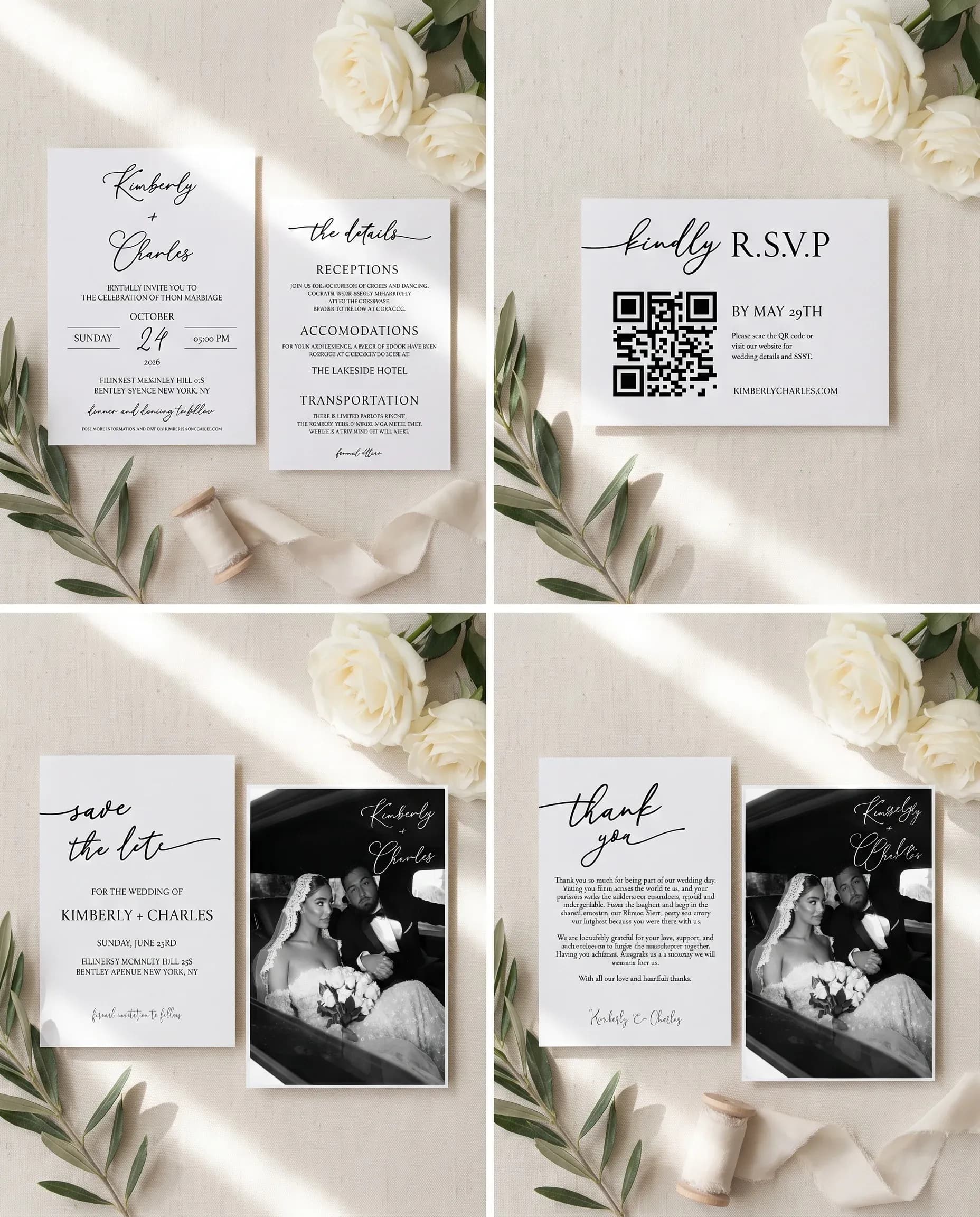 Quiet Line wedding invitation set — Invitation, details card, RSVP, save the date and thank you card shown in a flat lay, wedding invitation suite