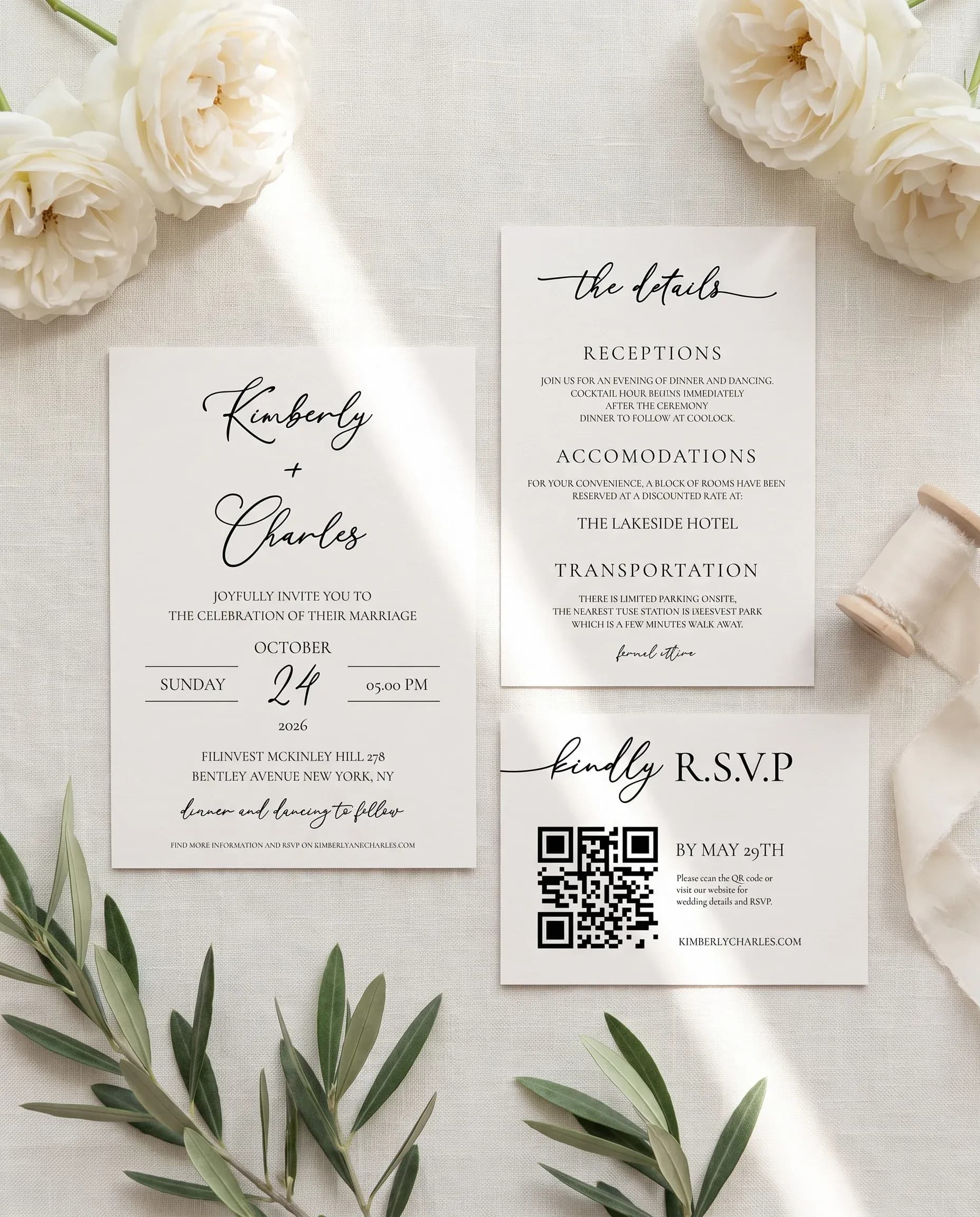Quiet Line wedding invitation set — Invitation, details card and RSVP card shown in a flat lay, printable wedding invitations