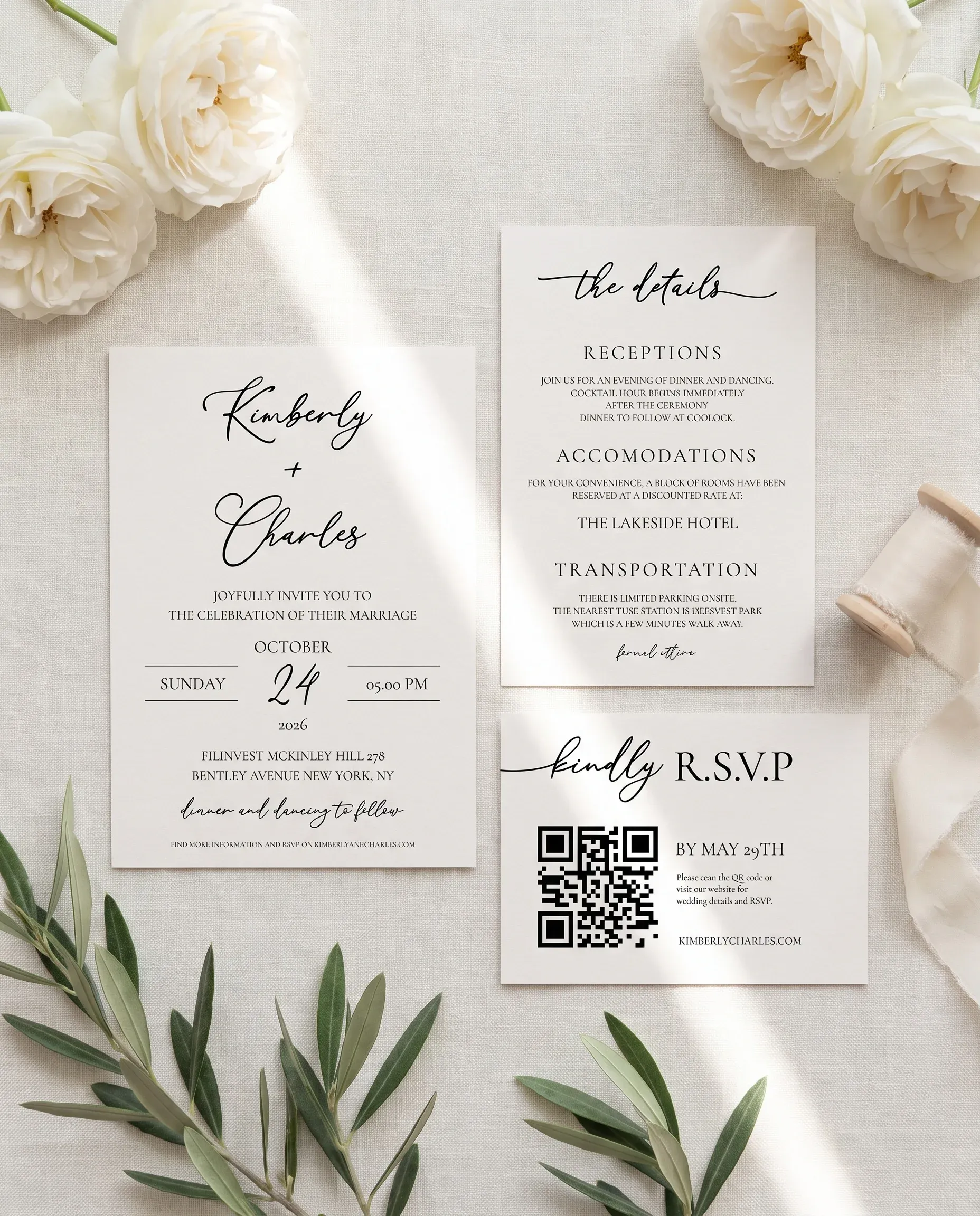 Quiet Line wedding invitation set — Invitation, details card and RSVP card shown in a flat lay, printable wedding invitations