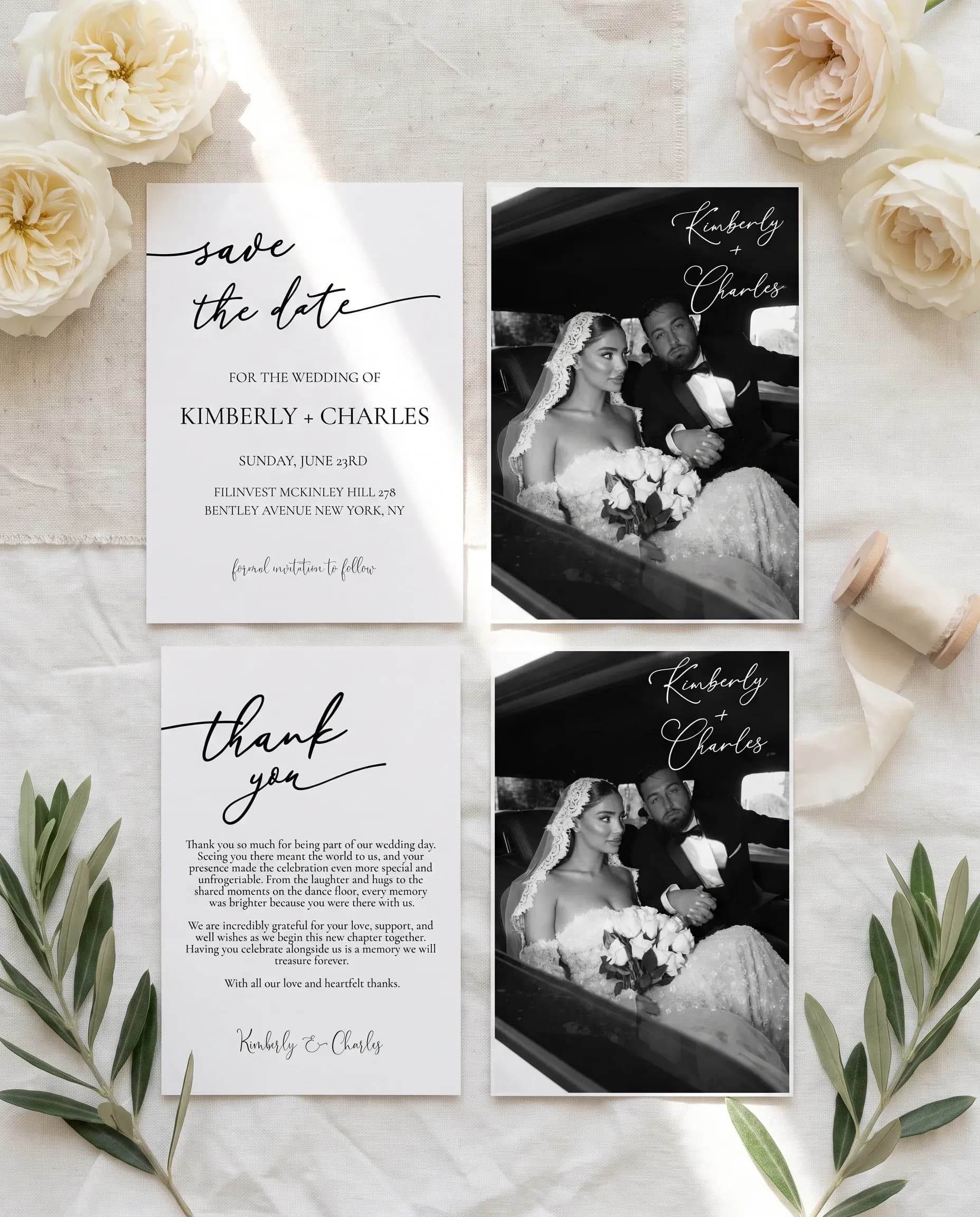 Quiet Line wedding invitation set — Save the date and thank you card shown in a flat lay, wedding invitation templates