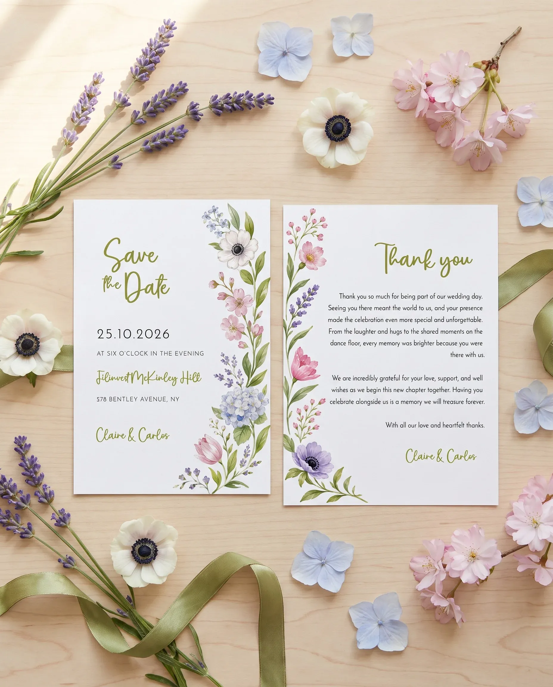 Anemone Toast wedding invitation set — Save the date and thank you card shown in a flat lay, wedding invitation templates