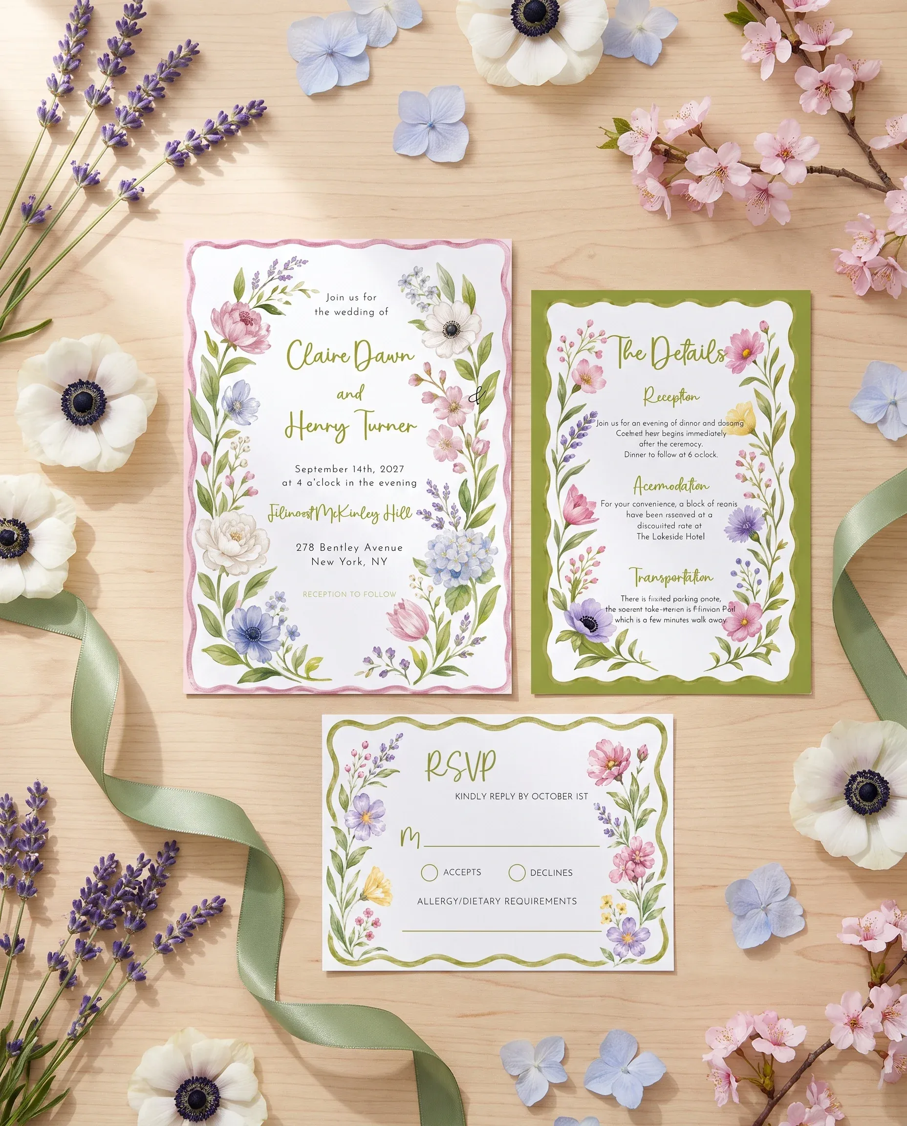 Anemone Toast wedding invitation set — Invitation, details card and RSVP card shown in a flat lay, printable wedding invitations