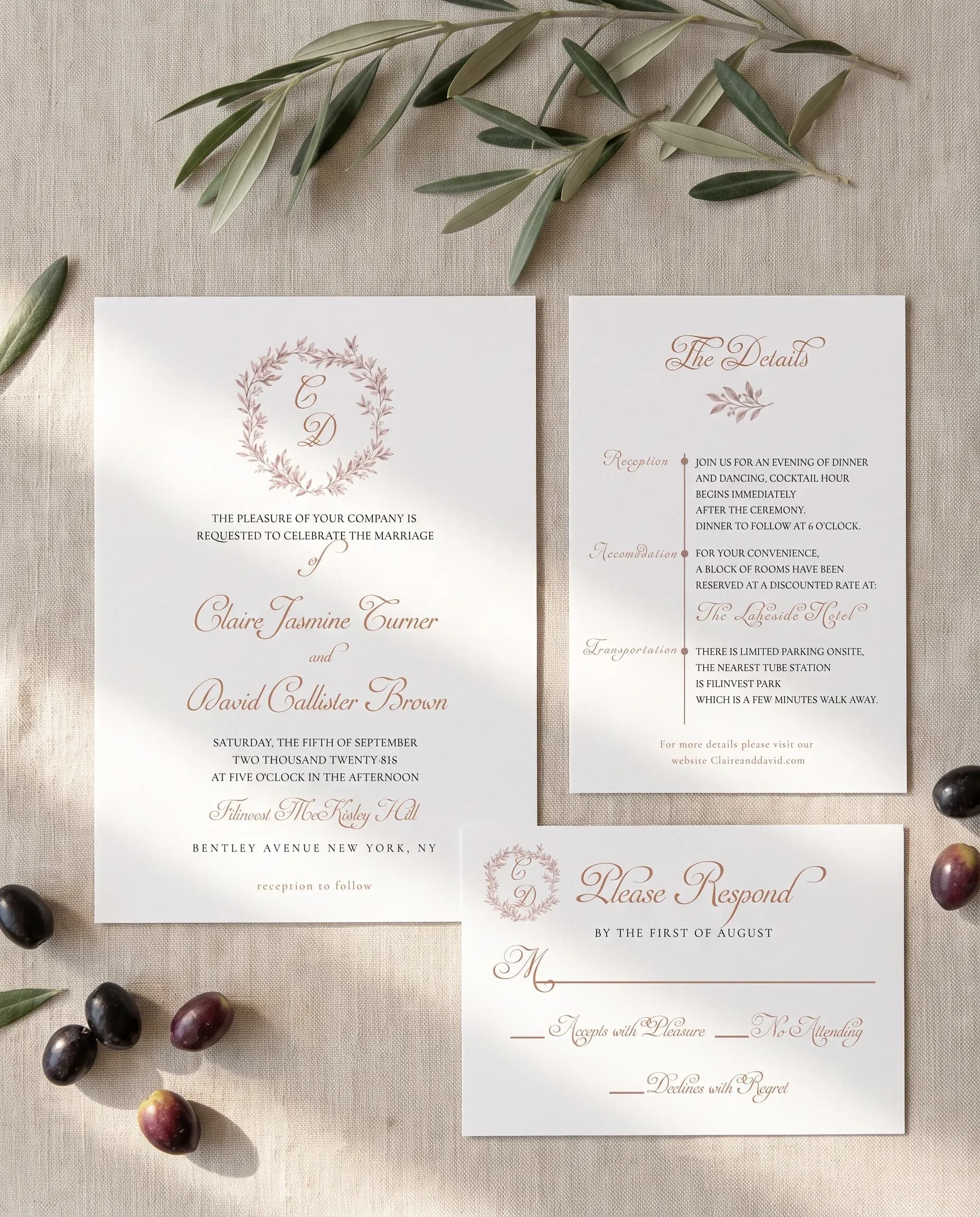 Sepia Sprig wedding invitation set — Invitation, details card and RSVP card shown in a flat lay, printable wedding invitations