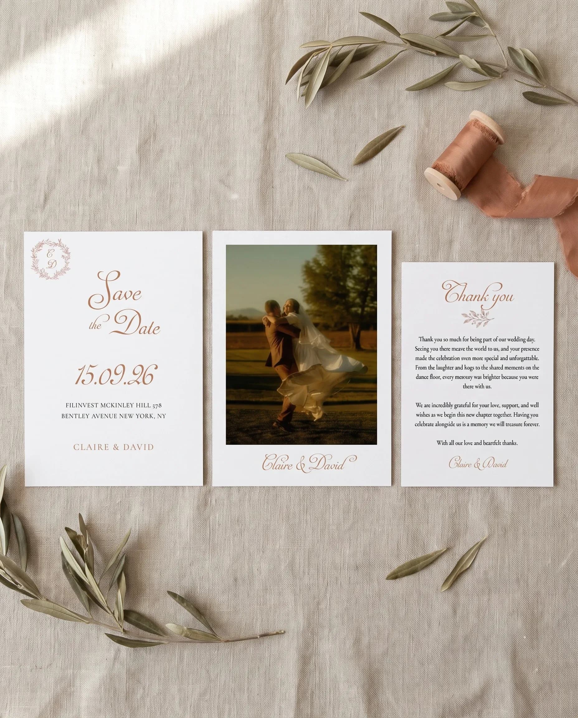 Sepia Sprig wedding invitation set — Save the date and thank you card shown in a flat lay, wedding invitation templates
