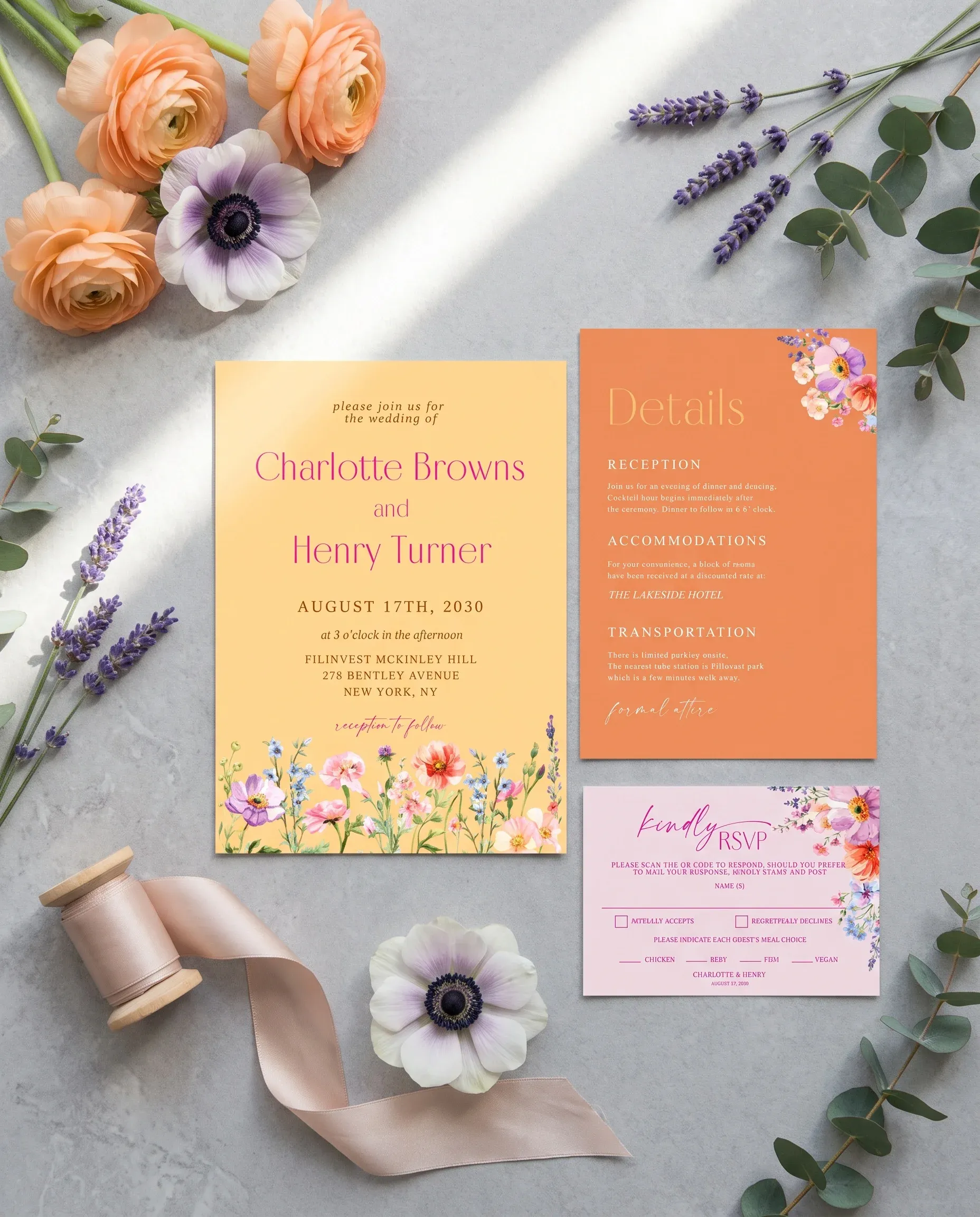 Wildmeadow wedding invitation set — invitation, details card and RSVP shown in a flat lay, printable wedding invitations.