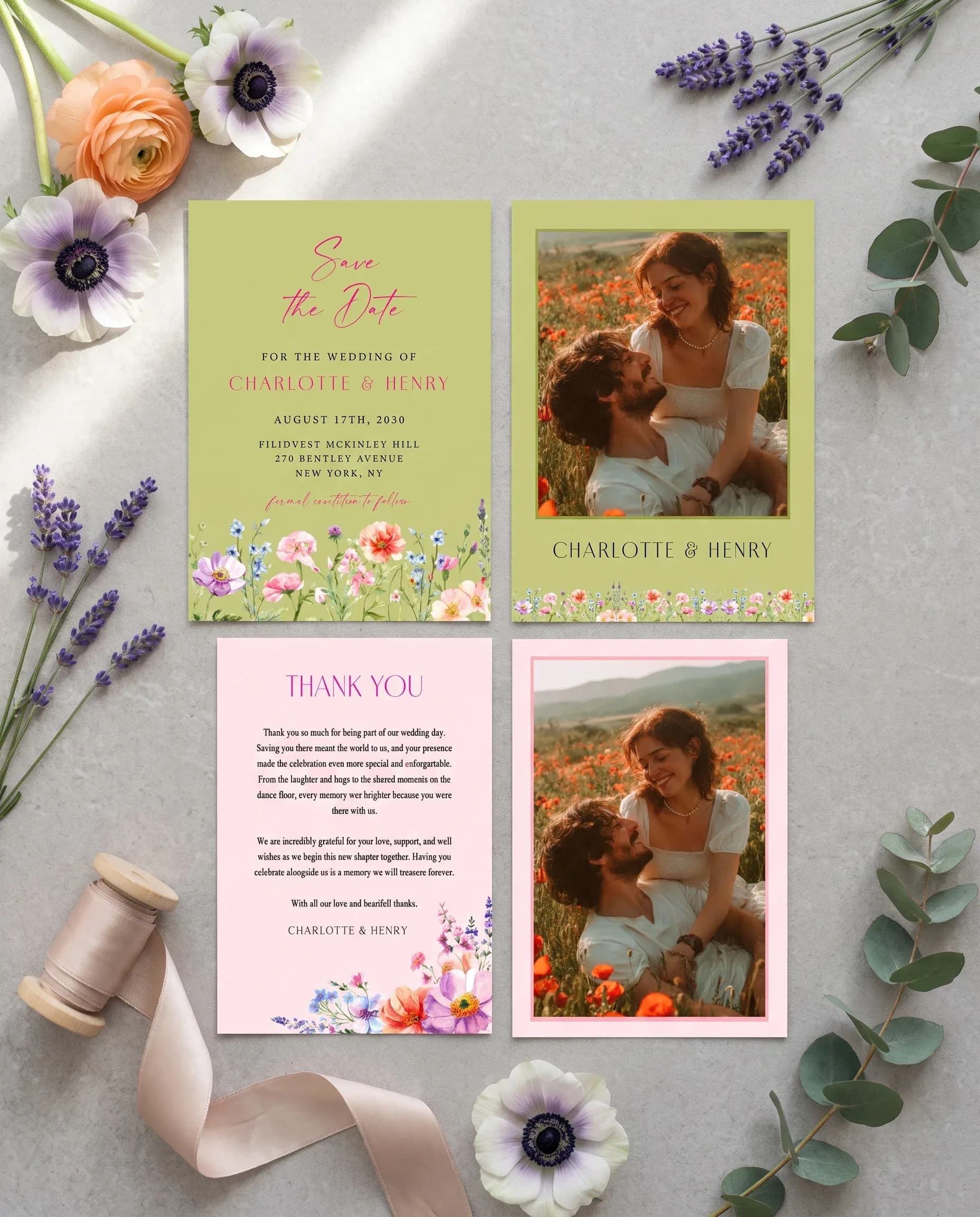 Wildmeadow Bouquet wedding invitation set — save the date and thank you card shown in a flat lay, wedding invitation templates.