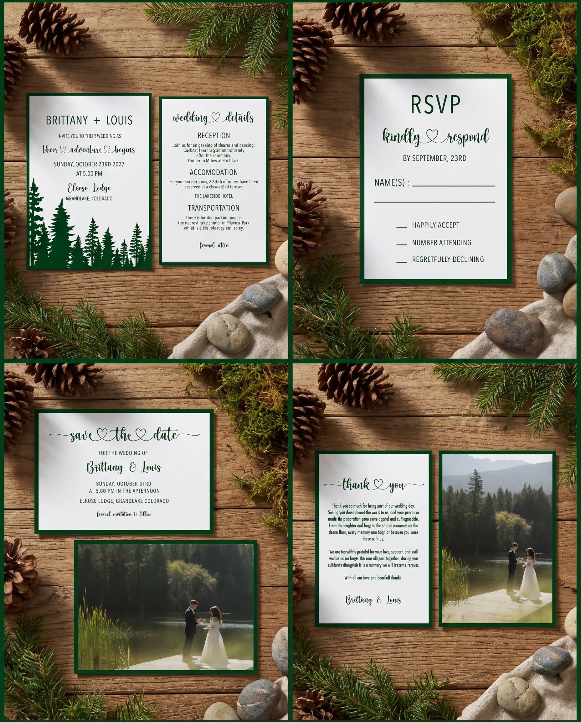 Evergreen Star wedding invitation set — invitation, details card, RSVP, save the date and thank you card shown in a flat lay, wedding invitation suite.